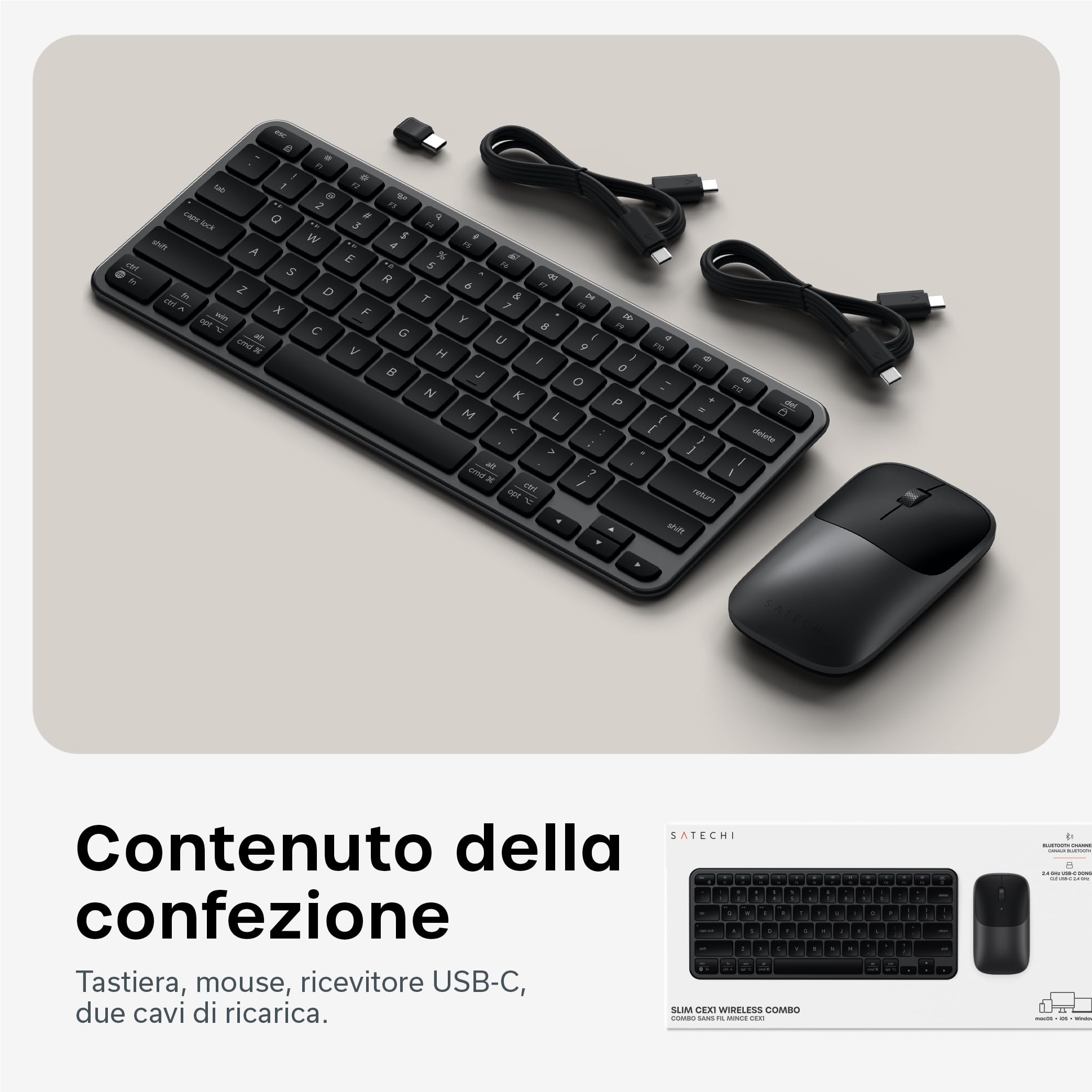 Satechi Combo Tastiera e Mouse Wireless Slim CEX1, QWERTY US, Nero | Layout Americano, Bluetooth multi-dispositivo, ricevitore USB-C, per Mac, Windows e altro
