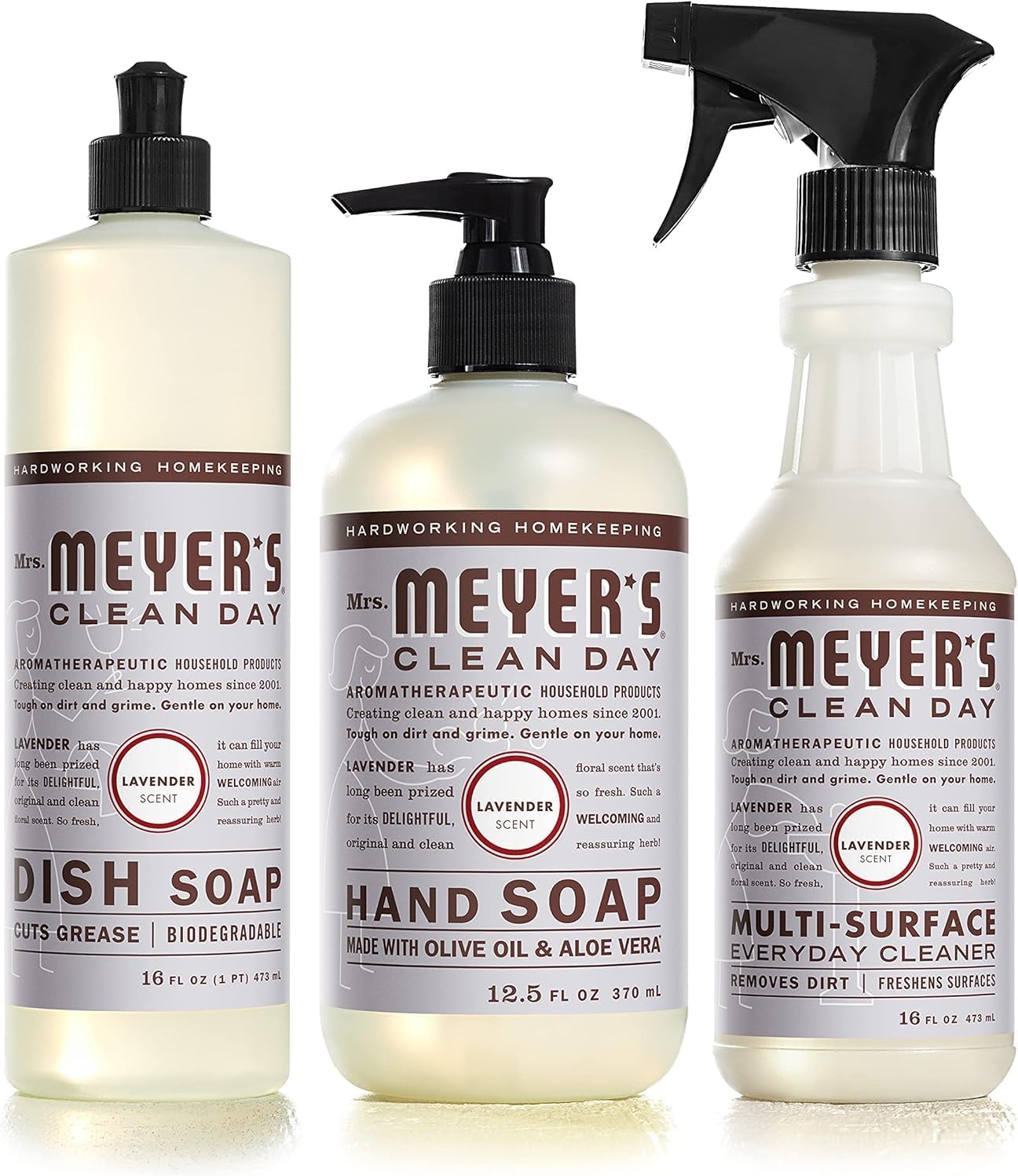 Mrs. MEYER'S CLEAN DAY Kitchen Basics Set, Includes: Multi-Surface Cleaner, Hand Soap, Dish Soap, Lavender Scent, 3 Count Pack
