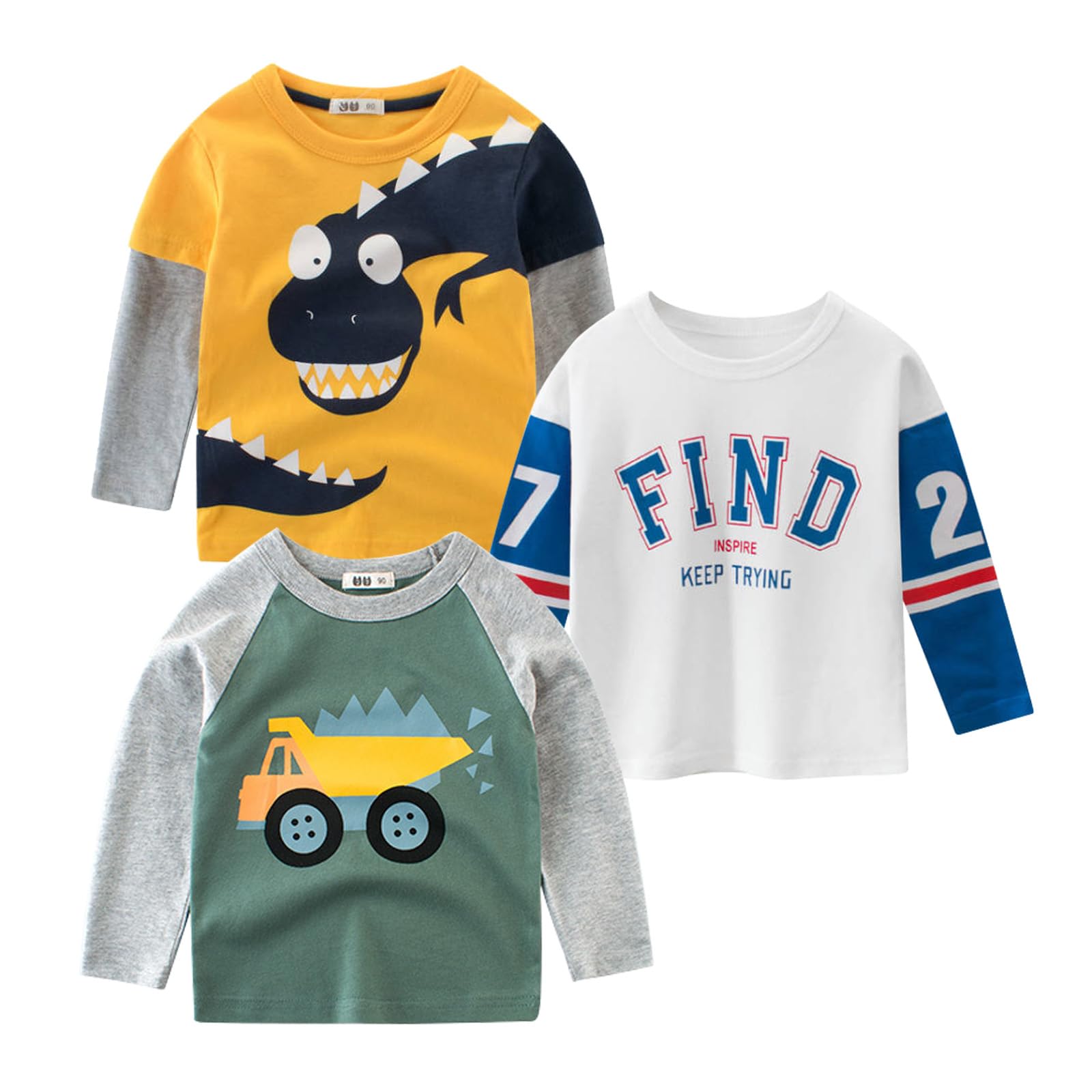 Kumary Toddler Boys' 3-Pack Long Sleeve T-Shirt Cotton Casual Winter Crewneck Dinosaurs Cars Graphic Tops Tees Kids 2-6 Years