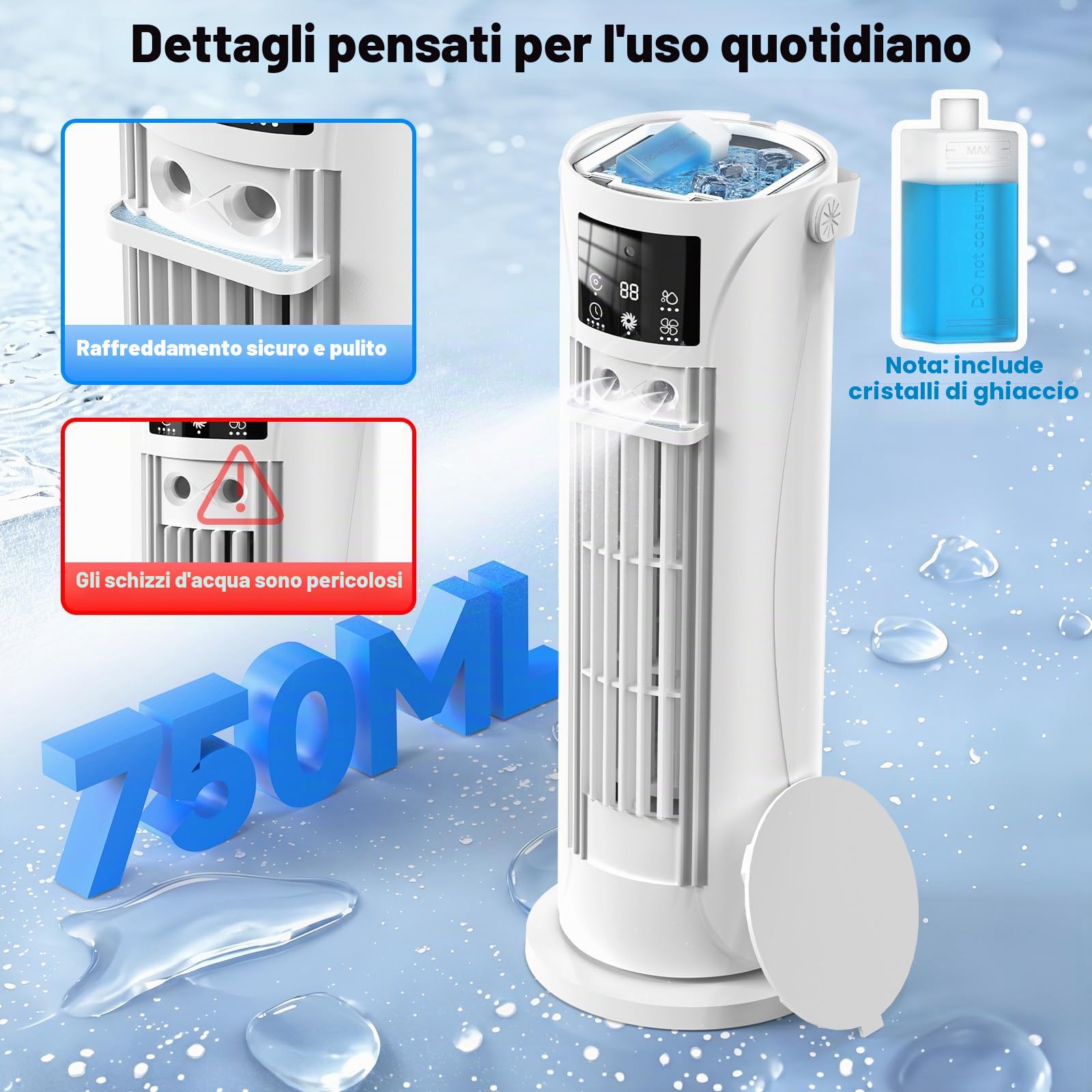 Condizionatore Portatile Modalità Tempesta,Raffrescatore Aria 4 in 1 Silenzioso 28dB, Ventilatore Senza Pale,Oscillazione 120°, Doppia Nebbiatura Anti-perdita 750mL, Timer 8H per Casa Ufficio (Bianco)