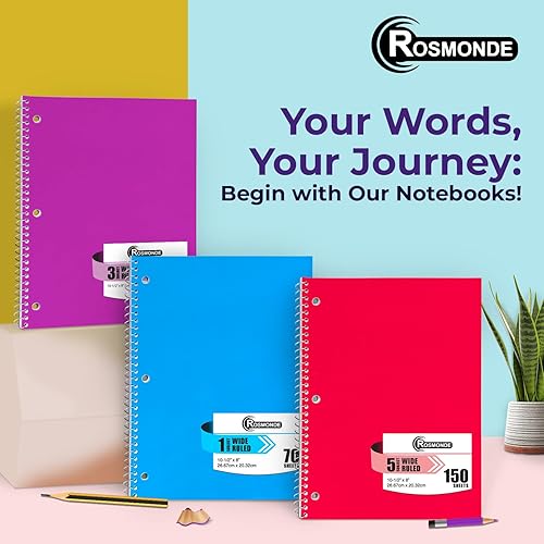 Miniatura 7 de Cuadernos en espiral, paquete de 12, 1 cuaderno de materia, rayas anchas, 70 hojas, 8 x 10-12 pulgadas, 3 agujeros perforados, suministros