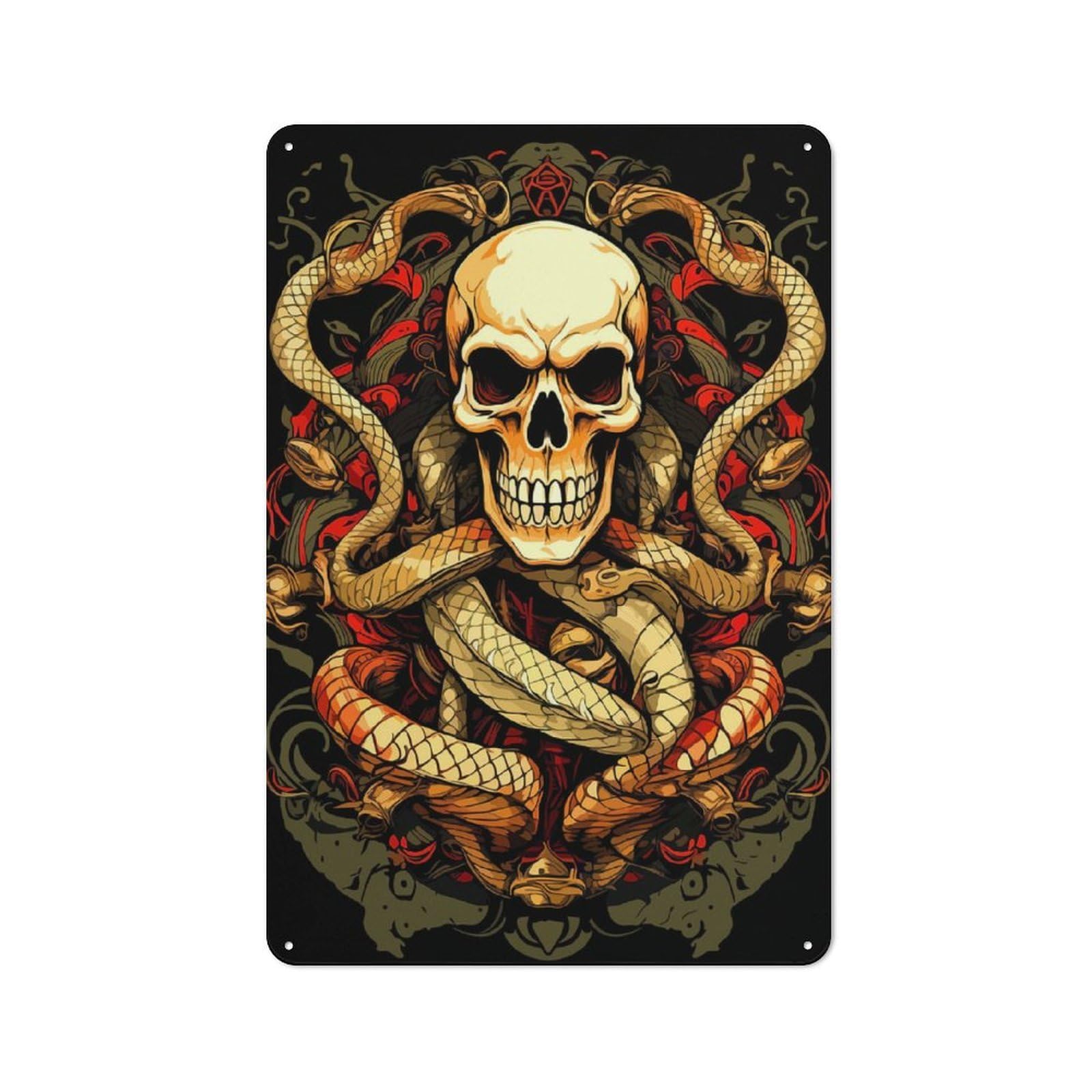 Junmoney Skull And Snakes Graphic Art Retro Metal Plaque 30X20cm For Café Or Home Bar, With Clear Retro Wall Decor Character