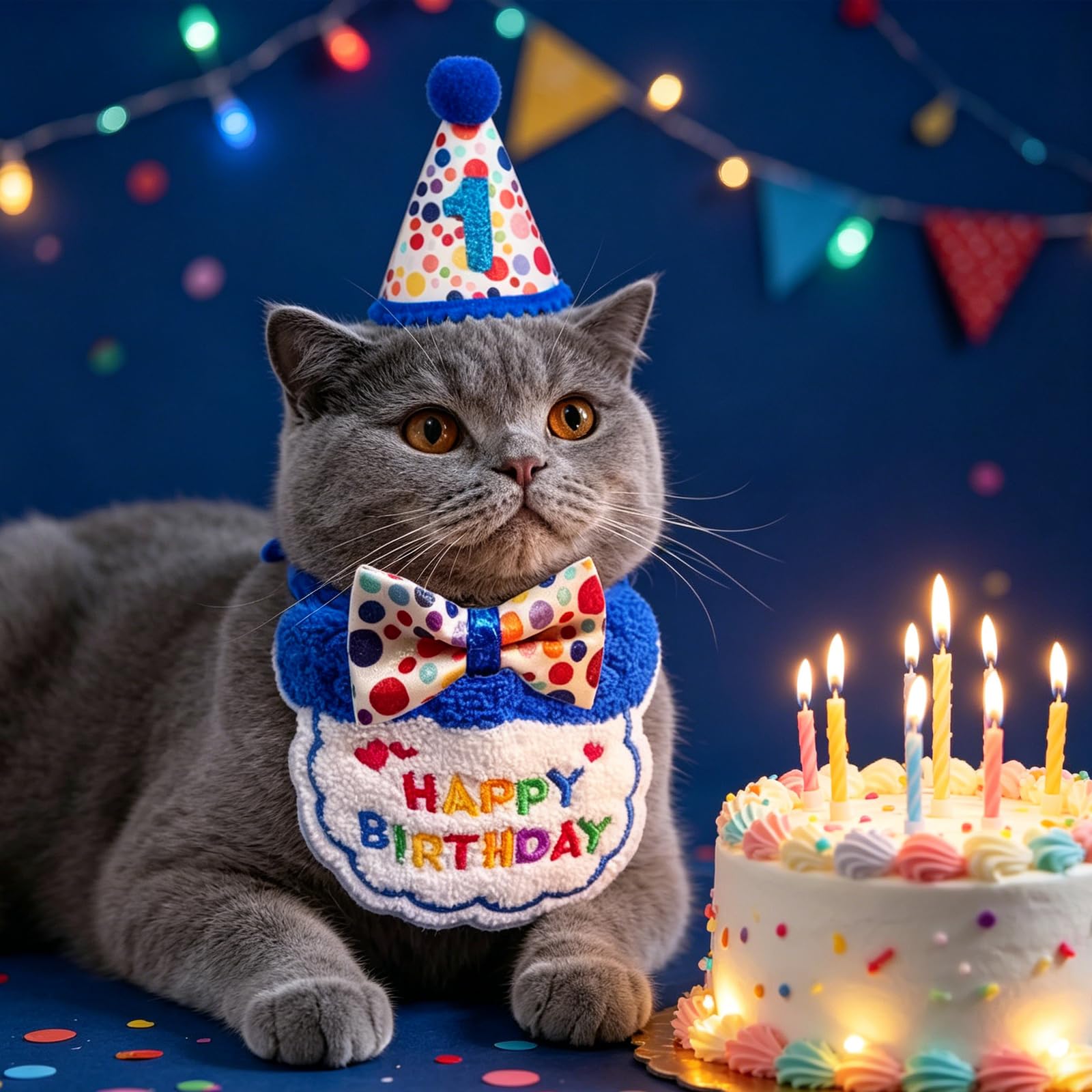 Lot de 4 chapeaux et bandanas pour chat - Tenue d'anniversaire réglable avec nœud papillon - Décorations de fête d'anniversaire pour animaux domestiques - Fournitures de décoration de fête