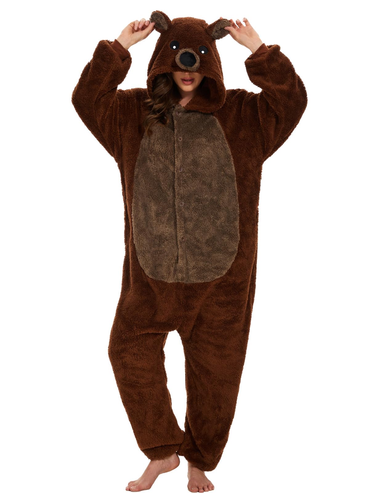 Einteiliger Schlafanzug Damen Lang Winter Einteiler Tierkostüm Erwachsene Kostüm Jumpsuit Damen Kuschelig Pyjama Fleece Onesie Kleidung Mit Kapuze und Reißverschluss (Braunbär-7126, M)