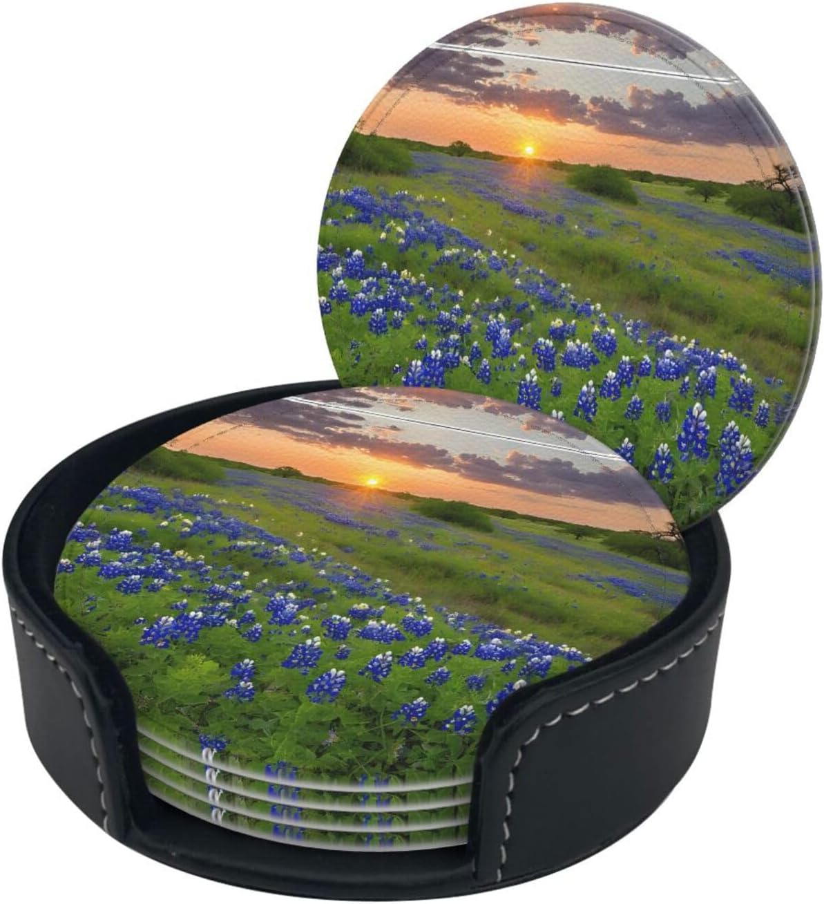Texas Bluebonnets Scenery Print Leather Coasters Set of 6 with Pu Leather Box - Heat Resistant Drink Coasters for Glass Table Home Office