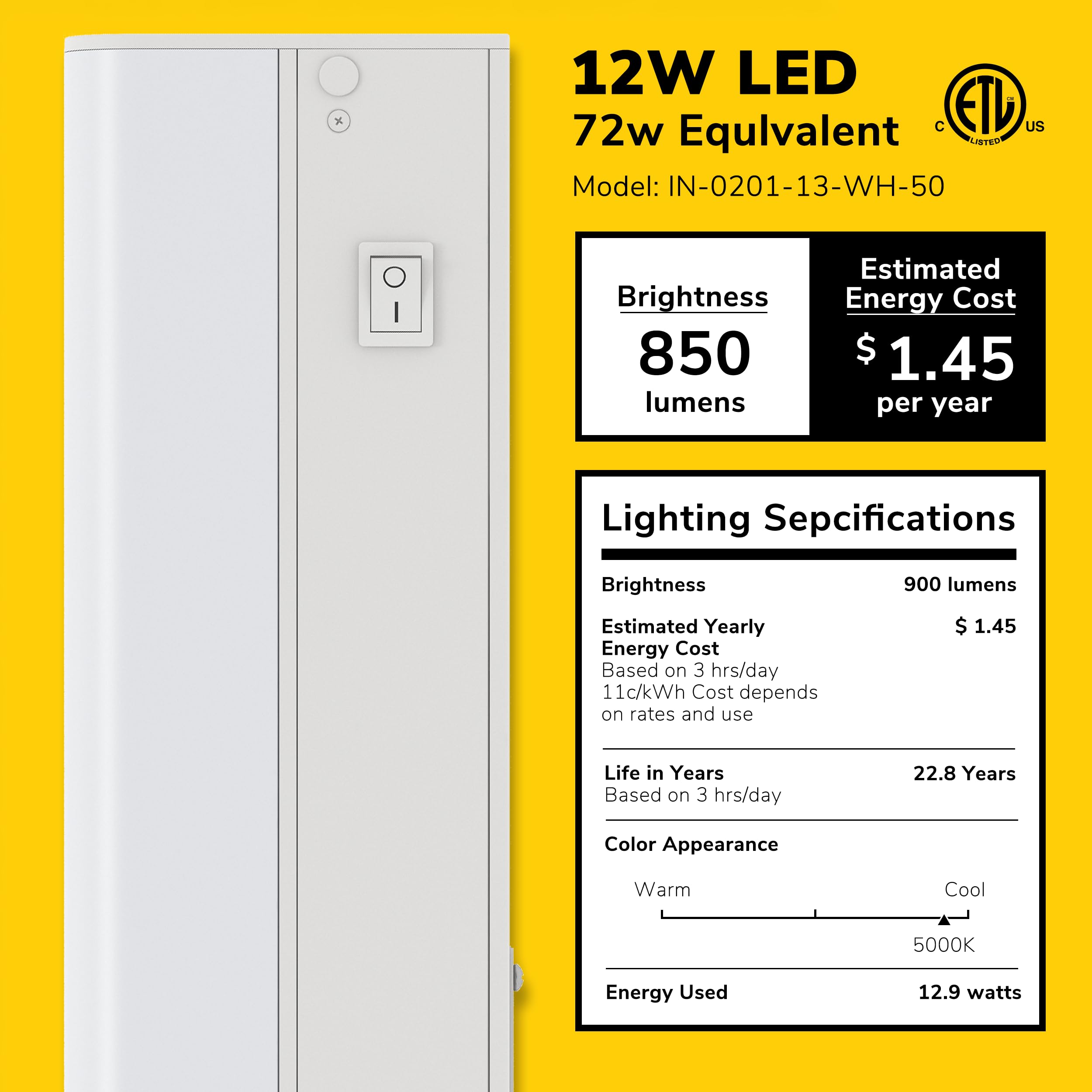 GetInLight Éclairage LED à intensité variable uniquement sous l'armoire avec liste ETL, blanc lumière du jour (5000 K), finition blanc mat.