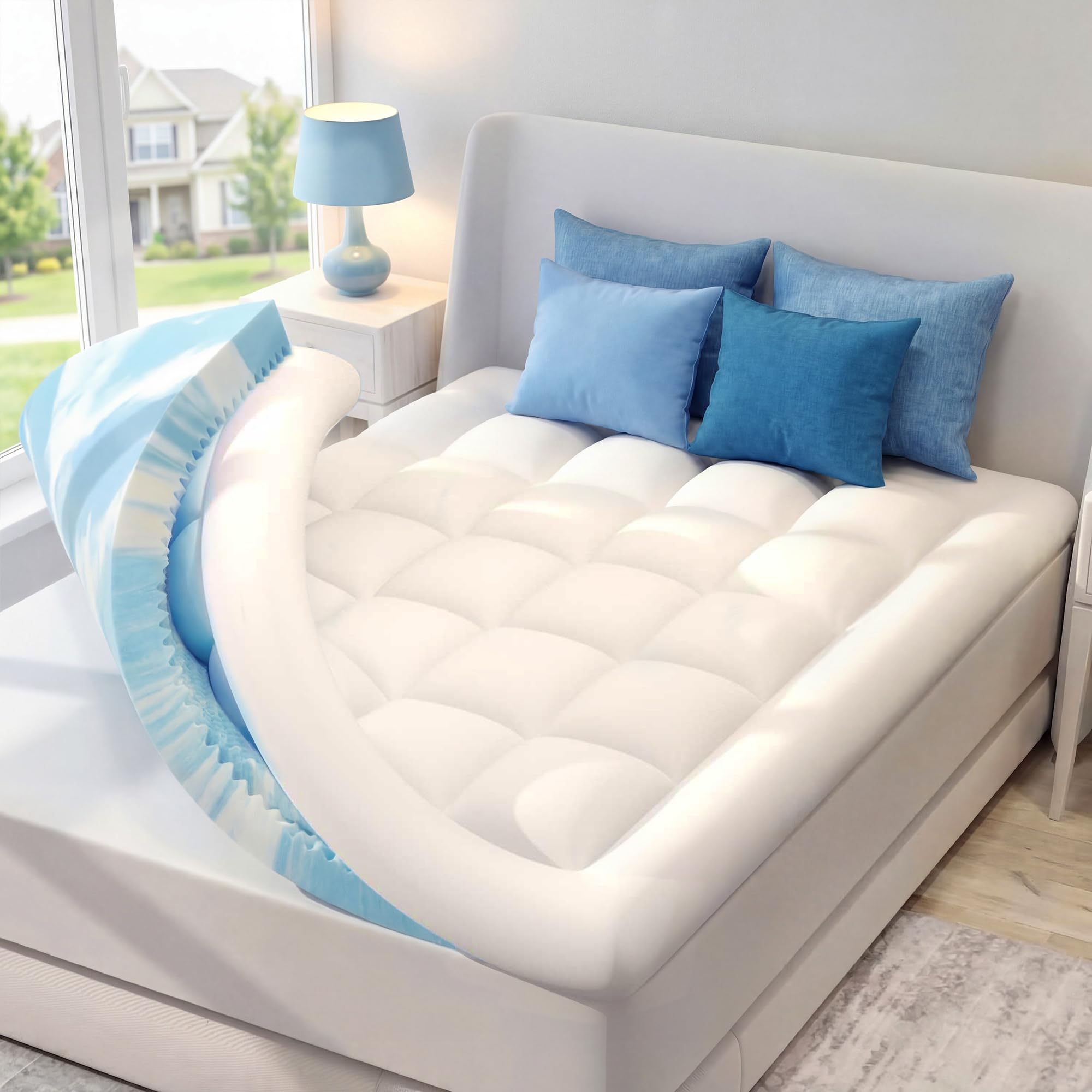 SINWEEK Dual Layer 4 Inch Memory Foam Mattress Topper, Full Size, 2 Inch Cooling 5-Zone Gel Memory Foam Plus 2 Inch Extra Thick Pillowtop Cover, Pressure Relieve Soft Mattress Pad,Light Blue-image-22