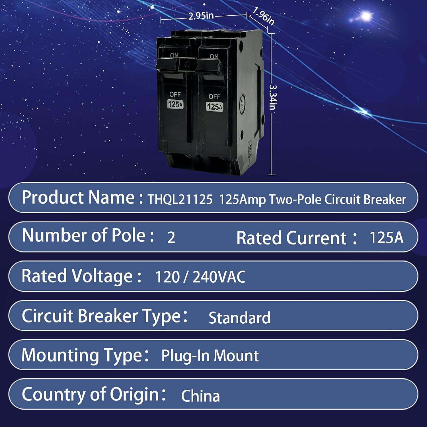 THQL21125 Circuit Breaker,Repalce for General Electric THQL 2P 125 Amp Breaker,120/240VAC 2 Poles 125 Amp 10kAIC,Plug-in Mounting Type,Includes Current limiting System,Protect Electrical Safety