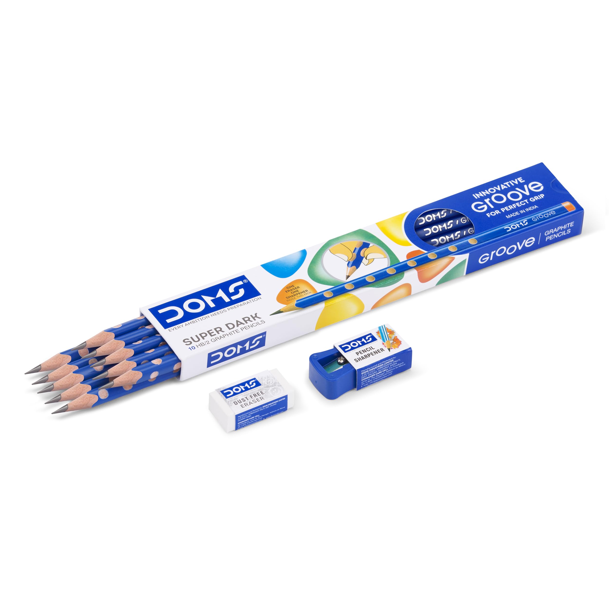Doms Groove HB/2 Super Dark Graphite Pencil Box Pack | Innovative Groove For Perfect Grip | Free Eraser & Sharpner Inside | Pack of 10 pencil 1