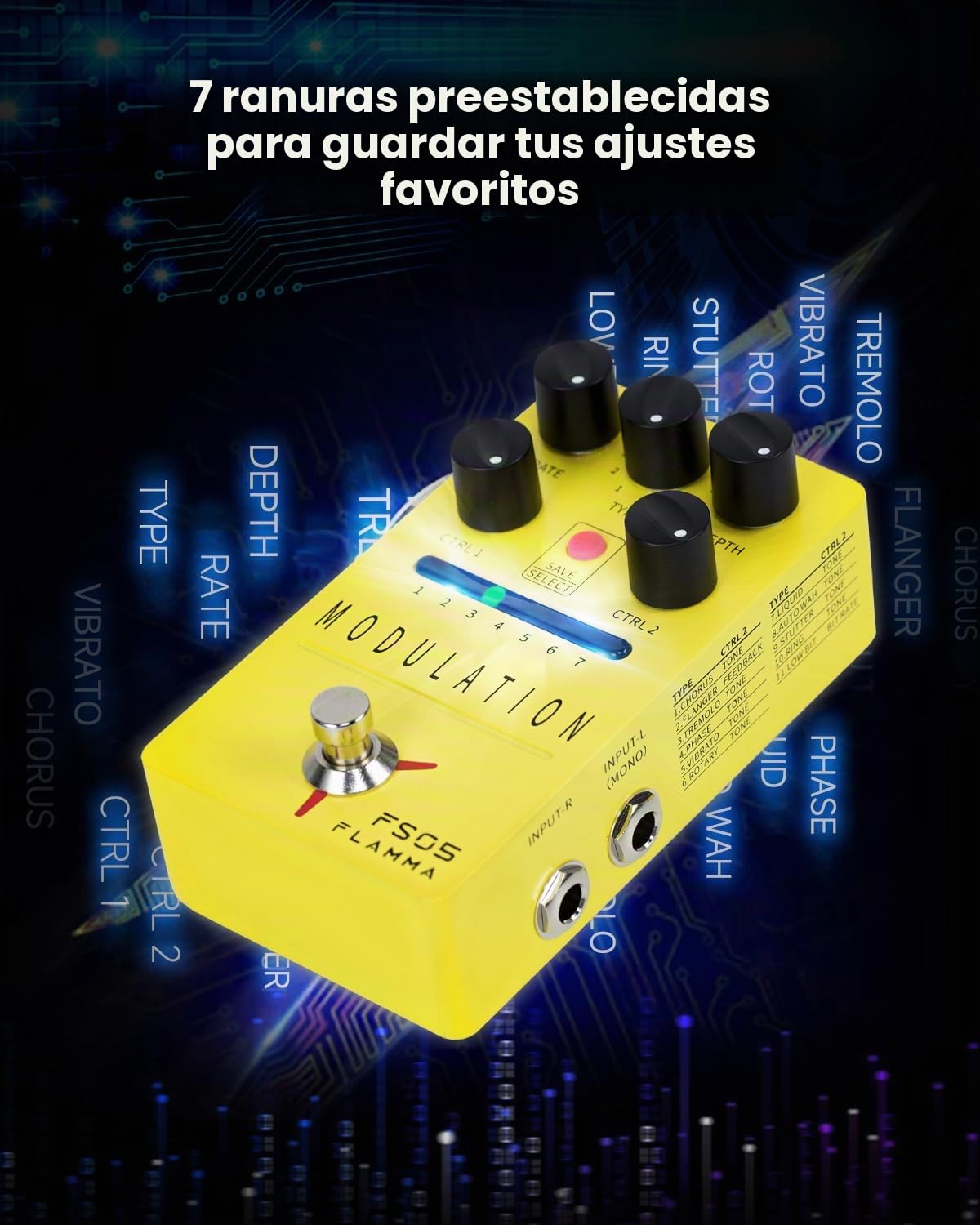 FLAMMA FS05 - Pedal de modulación múltiple para guitarra eléctrica, pedal de efectos estéreo con 7 ranuras almacenables, 11 efectos de modulación, True Bypass