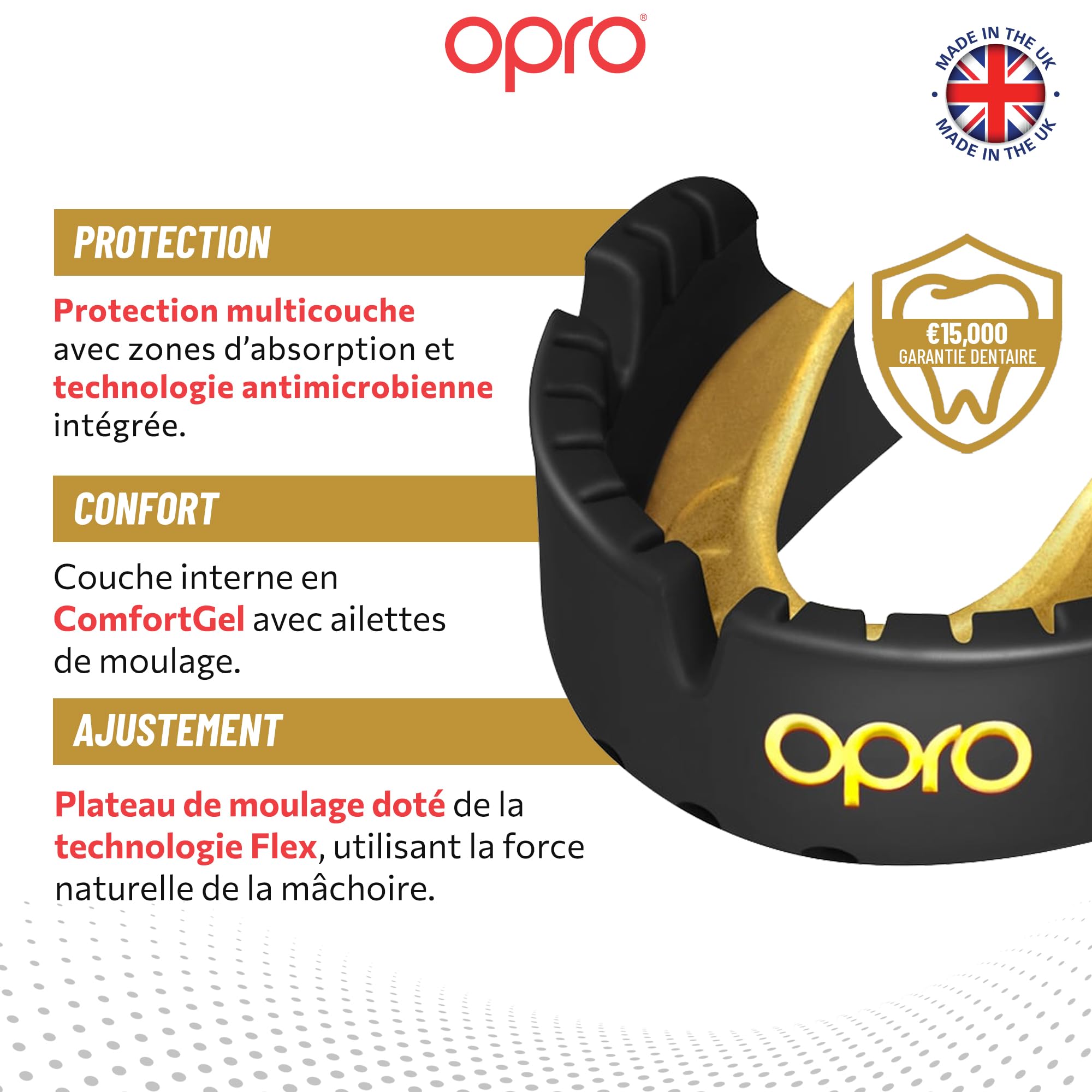 OPRO Protège-dents Gold pour appareil dentaire de sport pour adultes avec technologie révolutionnaire pour boxe, crosse, MMA, arts martiaux, hockey et tous les sports de contact