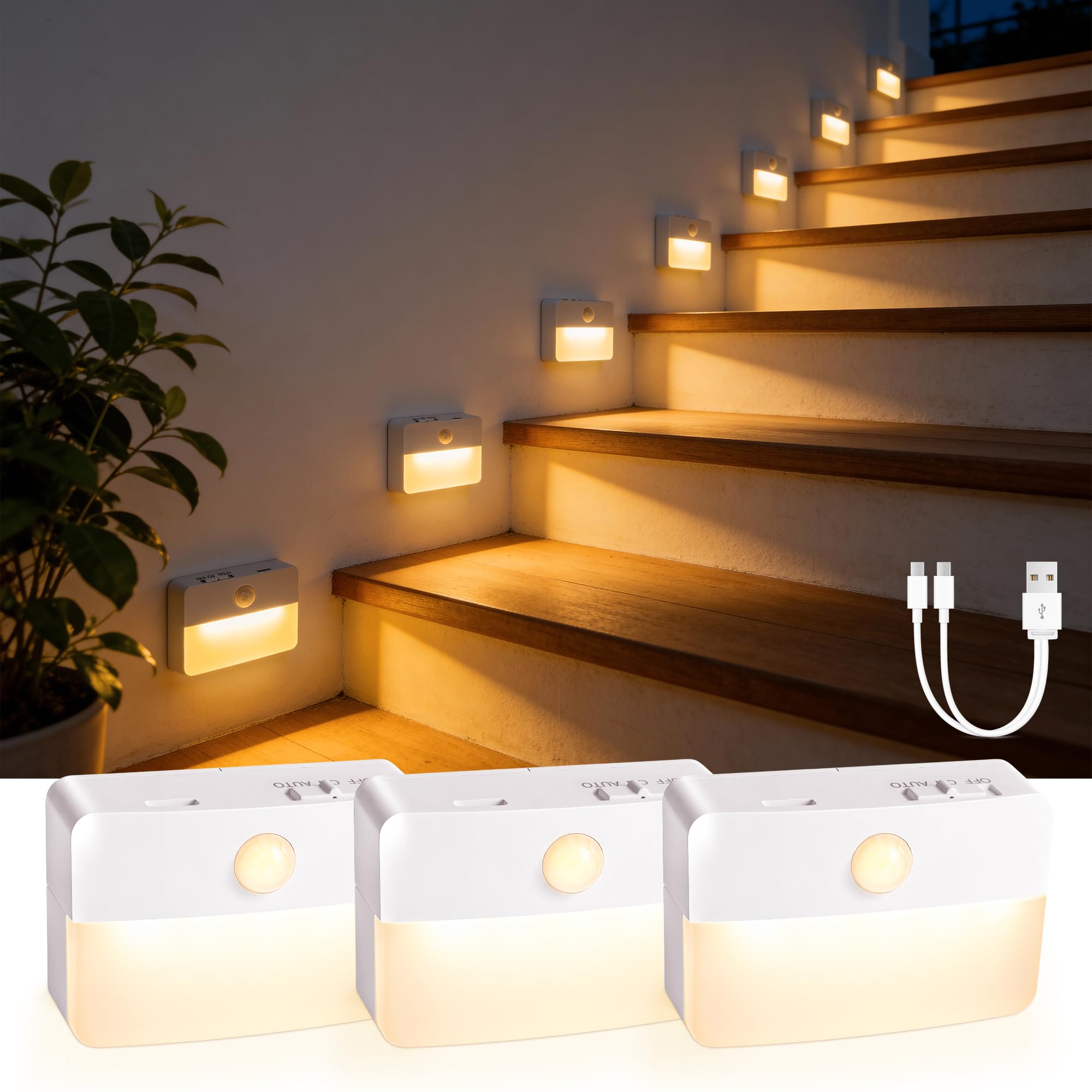 3 Pack Rechargeable Motion Sensor Stair Lights for Indoor, Wireless Battery Operated Night Light, Magnetic Led Stick On Portable Lamp for Step Hallway Closet Under Cabinet Bedroom Kitchen Bathroom