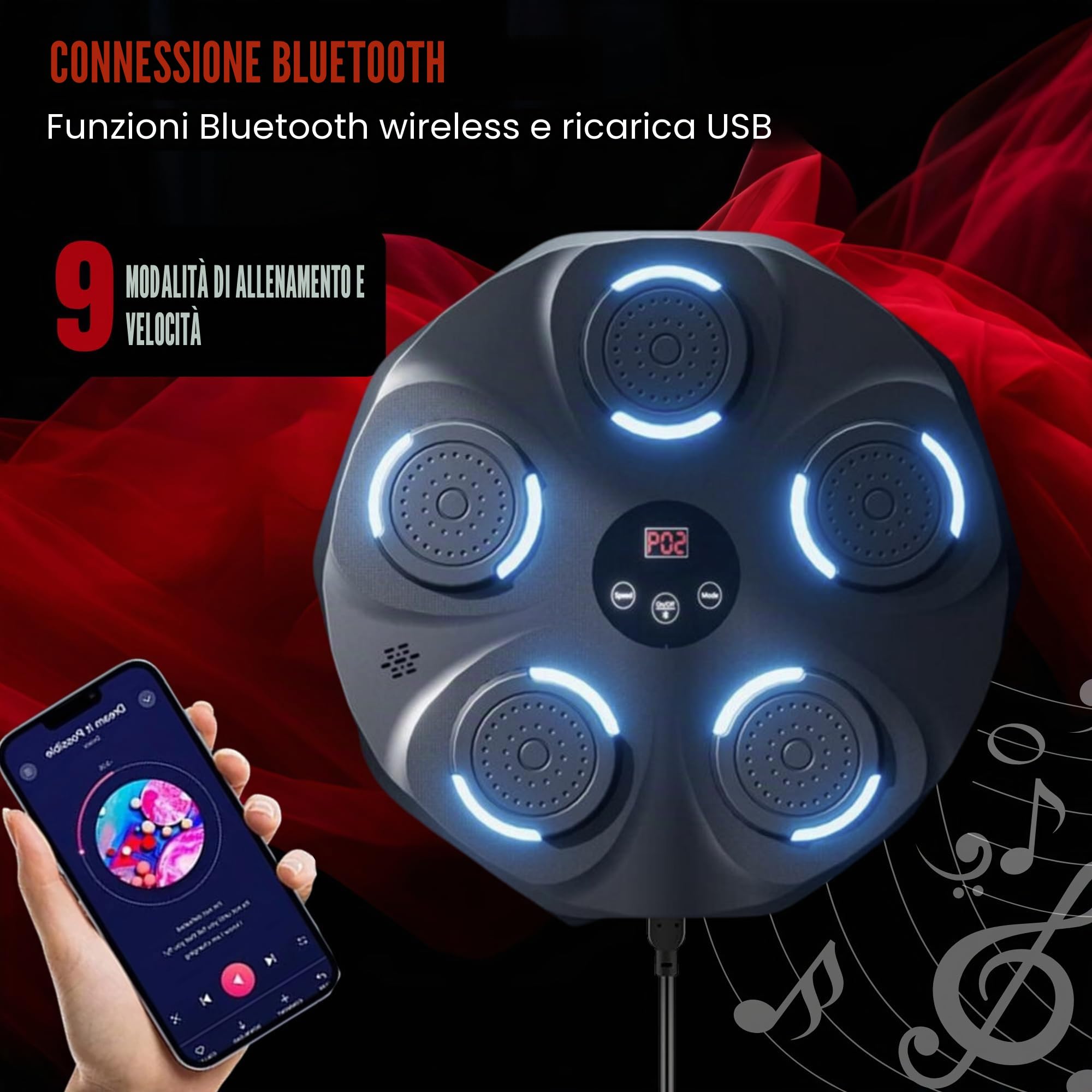 MAGIC SELECT Macchina da boxe musicale da parete con LED, guantoni da boxe, Bluetooth e luci al ritmo della musica, pugilato per bambini/adulti (9 modalità, 43 x 43 cm)