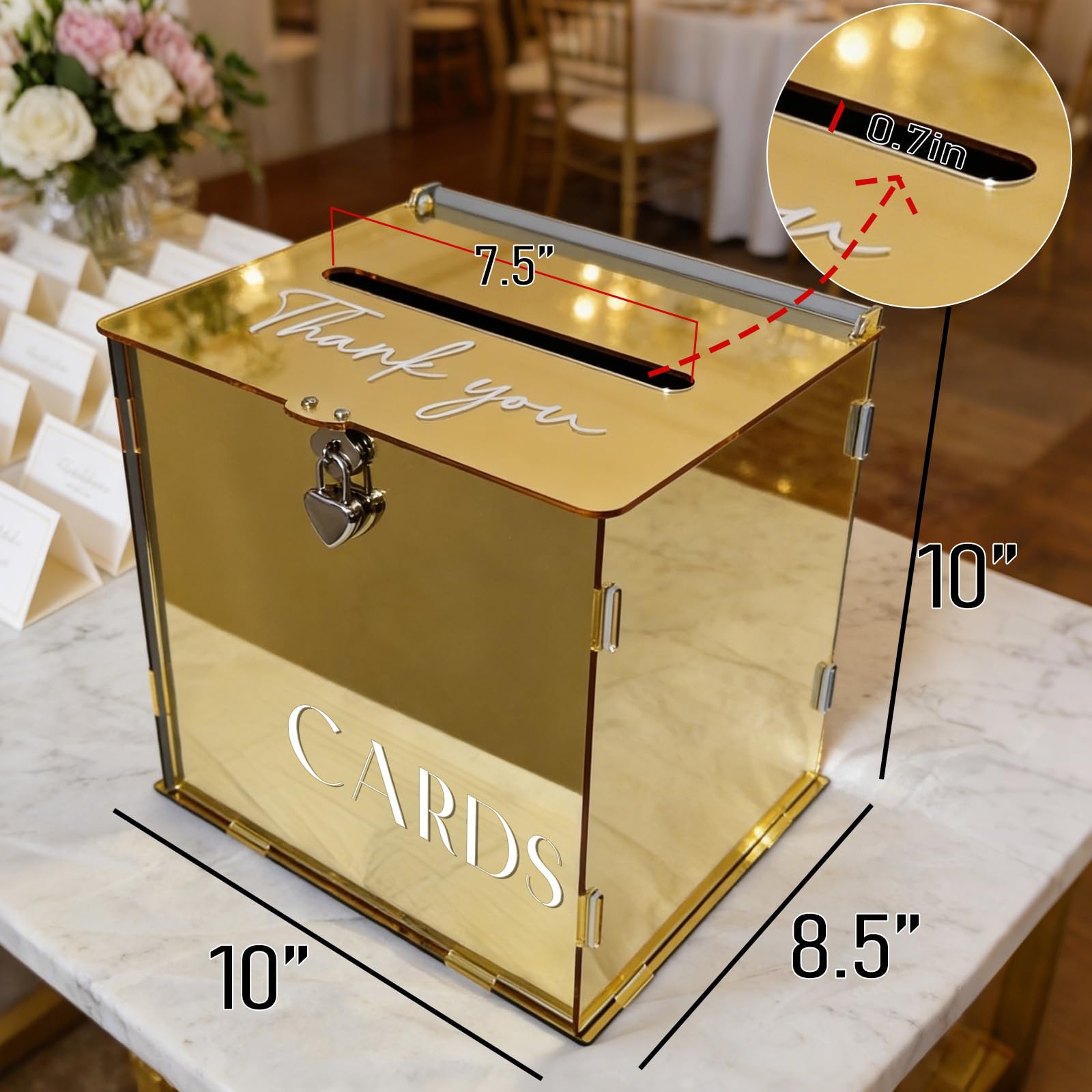Scatola di carte in acrilico a specchio oro metallizzato con serratura e fessura, eleganti scatole per biglietti di nozze per ricevimenti, buste regalo dorate fai da te per feste, anniversari