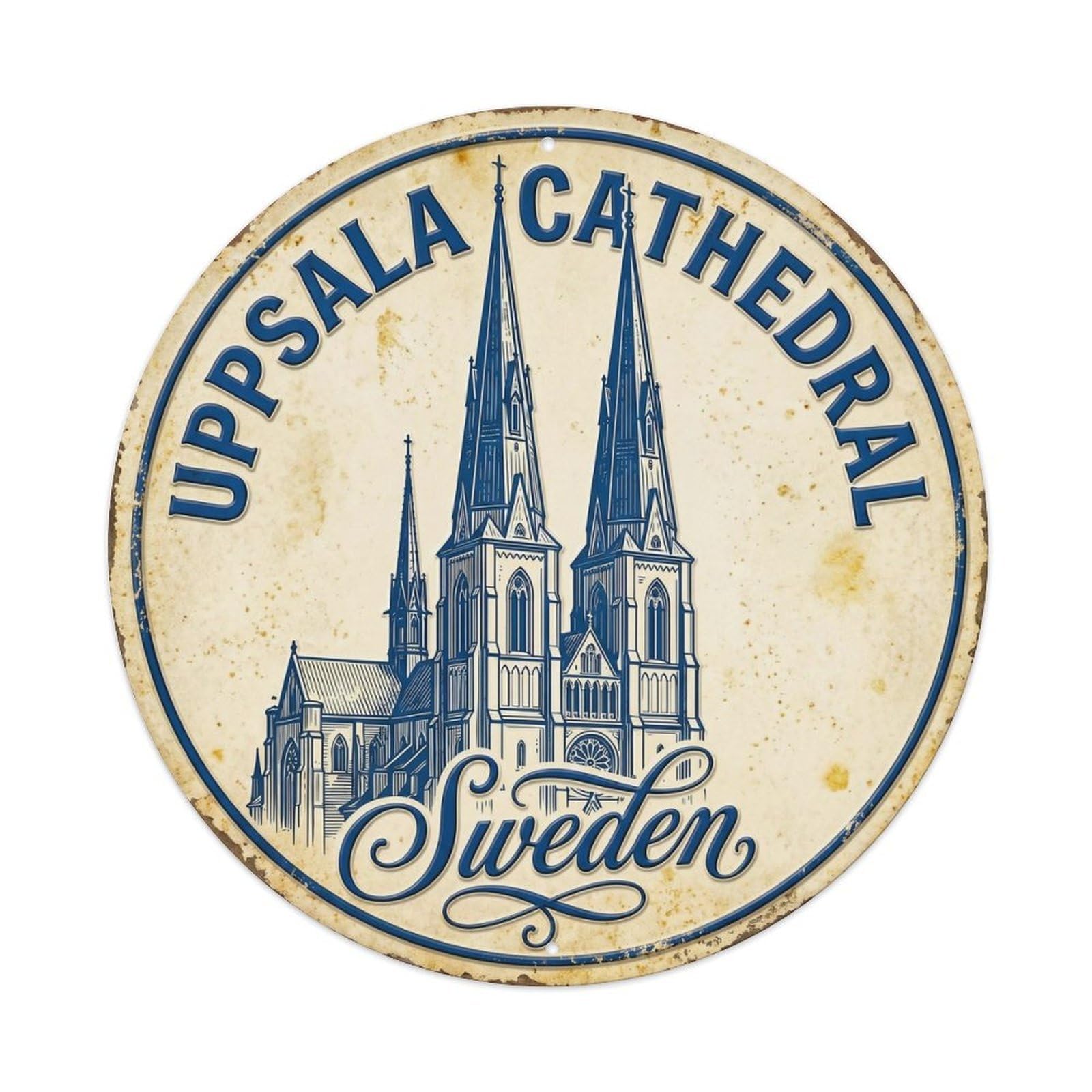 Cmhok Vintage Style-27 Vintage Travel Uppsala Cathedral Sweden Artwork Metal Tin Sign Plaque Wall Decor For Cafe, Club, Garden Round Metal Poster 8X8inch
