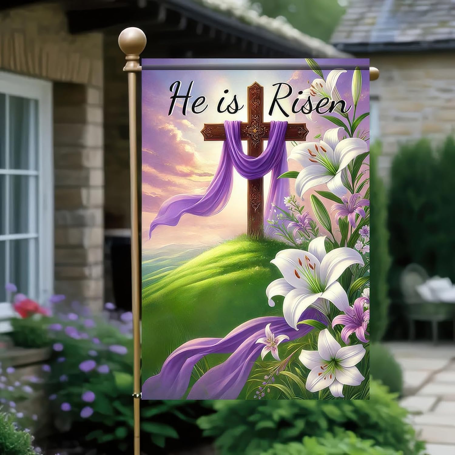 He Is Risen Easter Garden Flag 12x18 Inch Double Sided Religious Garden Flags, Christian Cross Easter Yard Flag Outdoor Spring Decoration for Lawn, Yard & Garden - Image 5