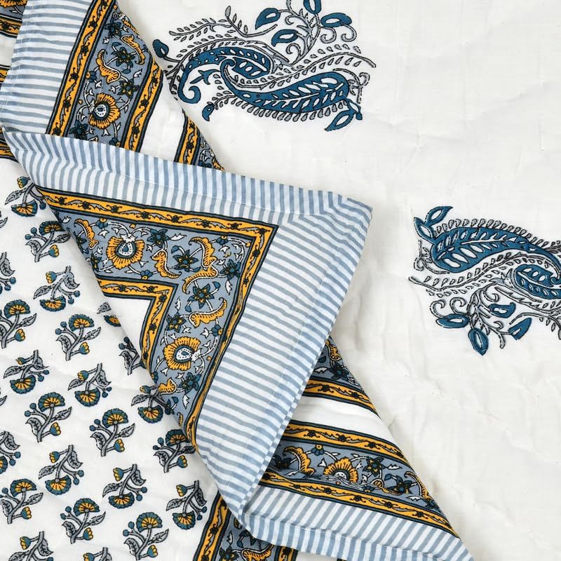 Image of BLOCKS OF INDIA Cotton Single Size Quilt Hand Block Print for Light Winters (60x90 Inches) (Grey Yellow BUTI)-300 TC