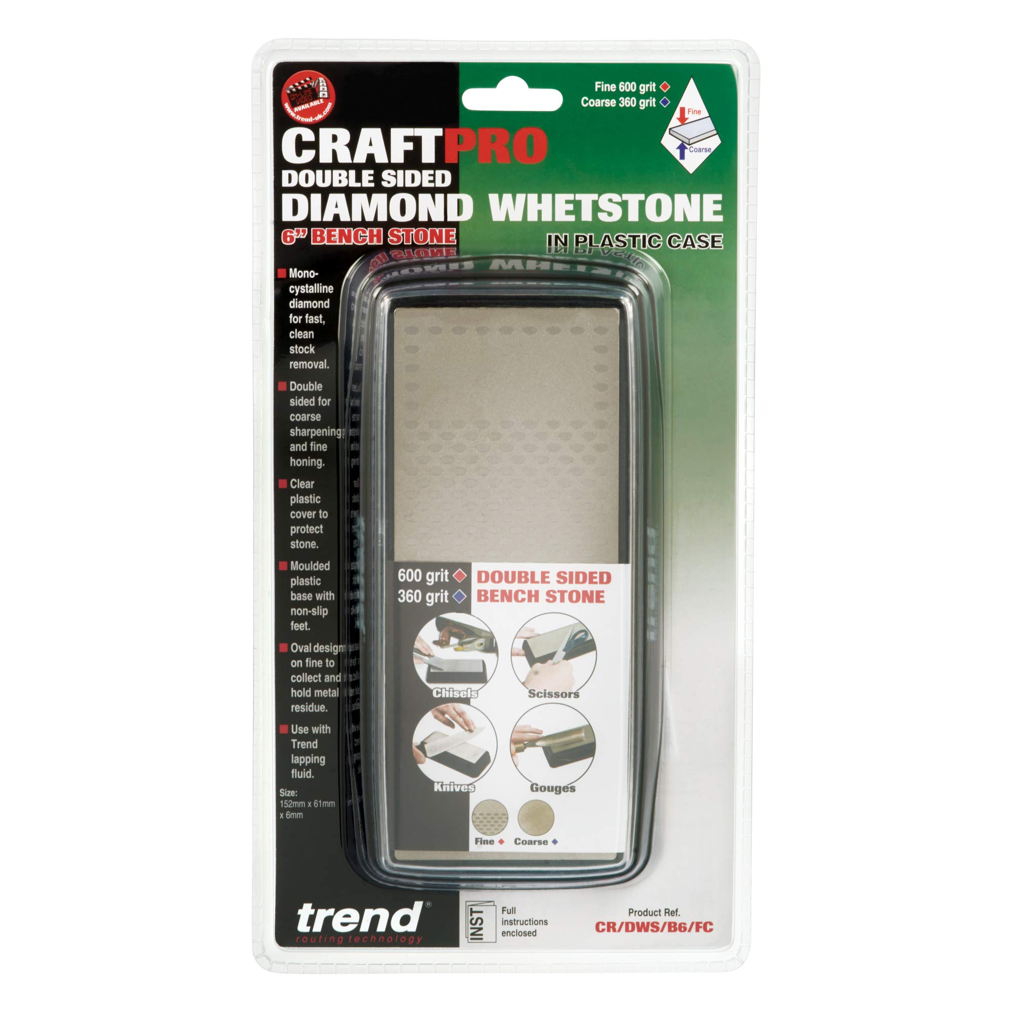 Trend Dwustronny kamień diamentowy do ostrzenia 6"x2 3/8" gruby/drobny | Dwustronny: gruby do szybkiego szlifowania, drobny dla ostrej krawędzi narzędzi i noży. Szybka zmiana