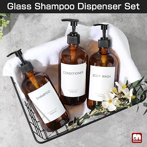 Miniatura 5 de GMISUN Botellas dispensadoras de champú y acondicionador ámbar de vidrio, champú y acondicionador recargables, botellas dispensadoras de gel de baño
