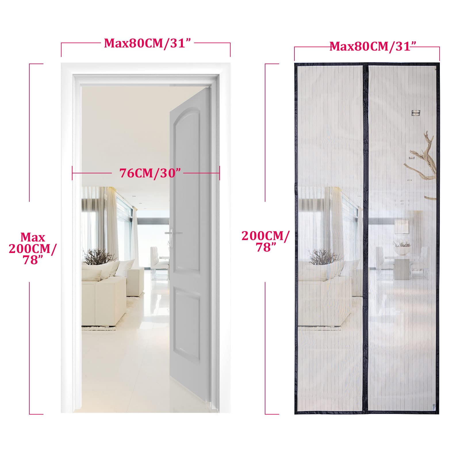 Mosquitera magnética para puerta de Apalus, cortina de malla, junta magnética de arriba a abajo con cierre automático, mantiene el aire fresco en el interior (80x200 CM, Negro) — view 4