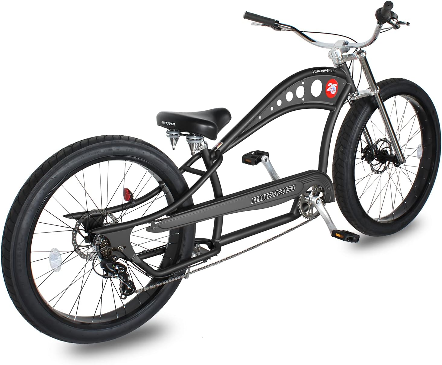 MICARGI 26 Vancouver Complete Cruiser Bikes Stretch Steel Frame Single-Speed & 7-Speed High Rise Handlebars & Low Handlebars Fat Tires Adult Beach Cruiser Chopper Bike Multiple Color