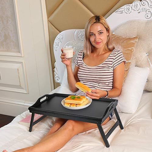 Miniatura 2 de Bandeja de cama con patas plegables de madera para servir desayuno en cama o bandeja para platos, mesa de TV, bandeja para computadora portátil,