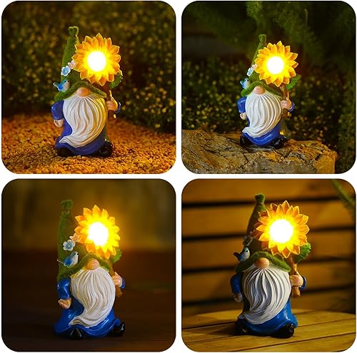 Miniatura 8 de JOYFYUMM Estatua de gnomo de jardín, figura de resina alimentada por energía solar con flor solar brillante para decoración de interiores y