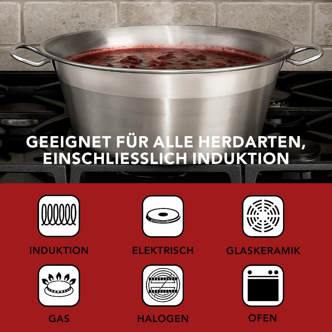 Baumalu - 38 cm Marmeladentopf aus Edelstahl, 9L Fassungsvermögen, Metallgriffe, für alle Herdarten einschließlich Induktion, ideal für Marmeladen und Hausgemachtes