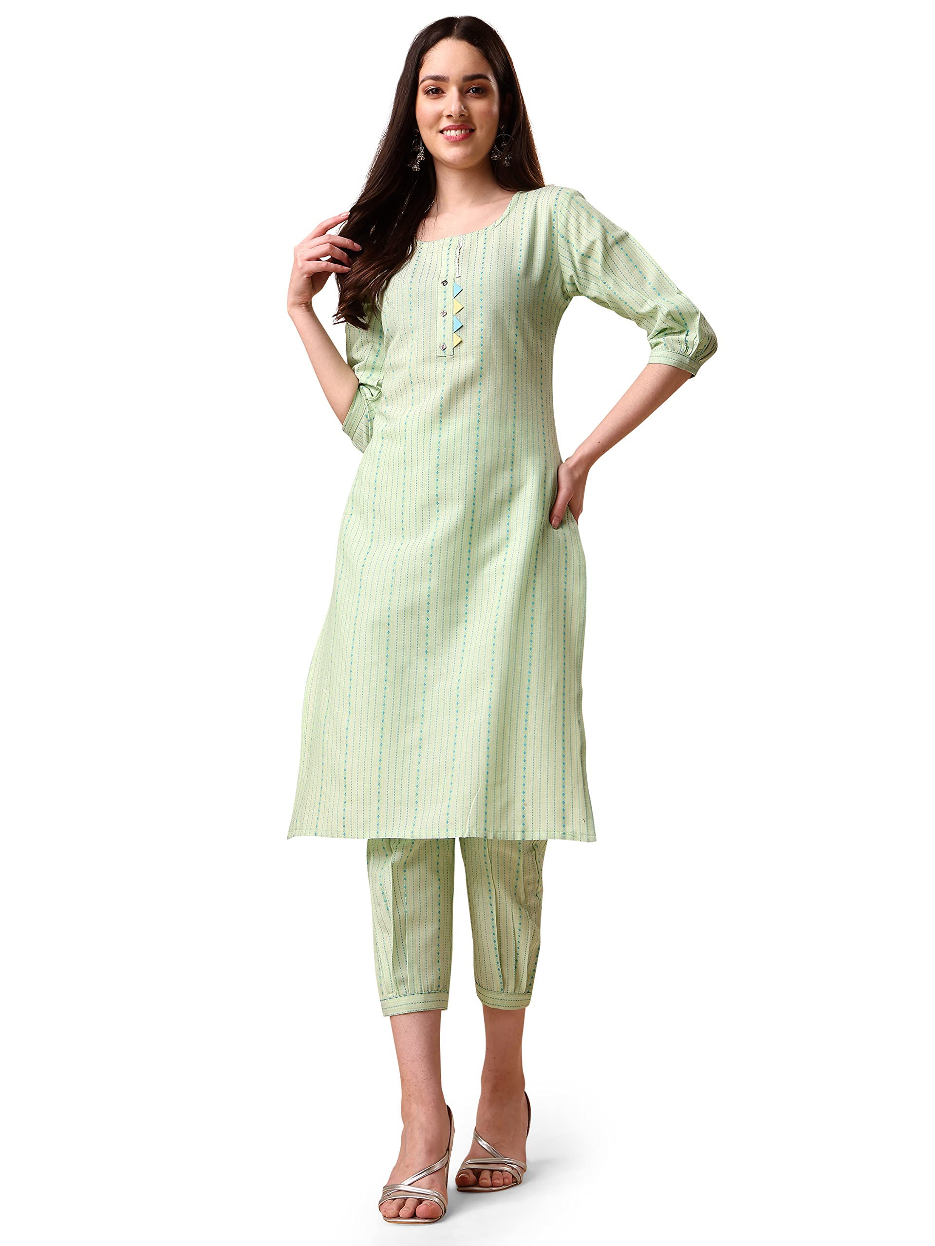 EthnicJunction Cotton Blend Womens Woven Striped Work Straight Kurta With Pant (Bt5-Rangsari-Light Green_Small_Light Green) (B0BVVXY73W) Amazon Price History, Amazon Price Tracker