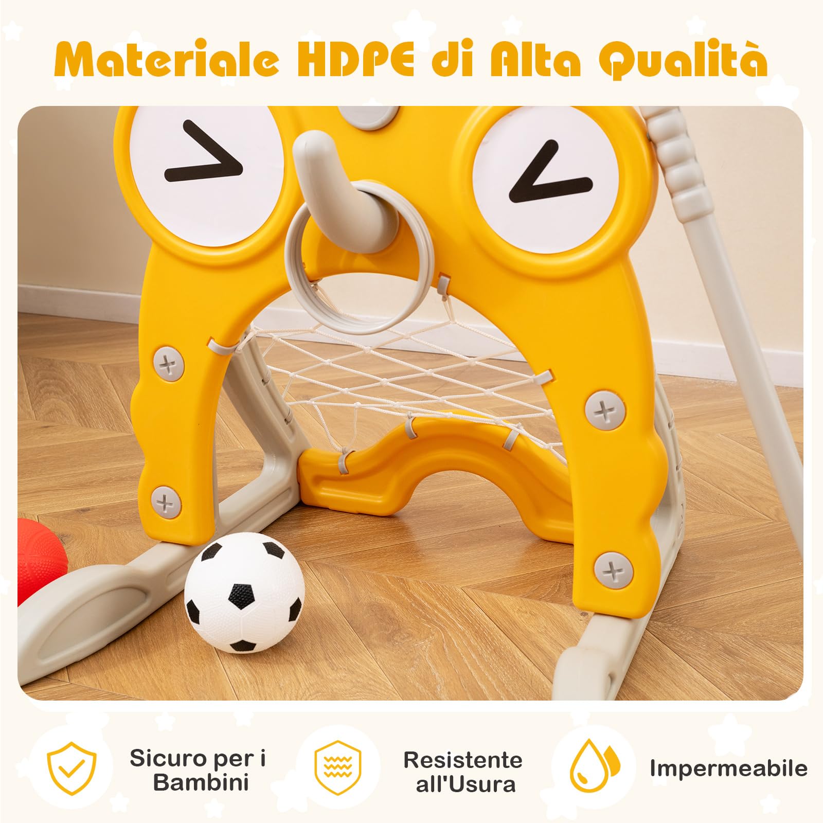 COSTWAY 4 in 1 Canestro da Basket per Bambini, Centro Attività con Cerchio, Porta Calcio, Lancio ad Anelli, Golf, Canestro Regolabile, per Bambini 3+ Anni (Cervo)
