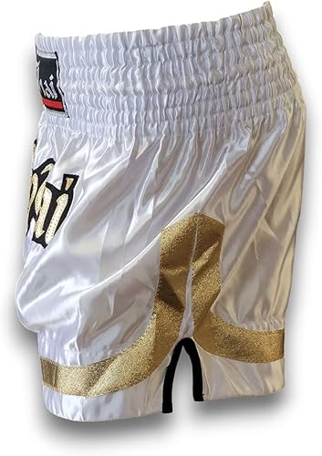 Miniatura 6 de MMA Boxeo Muay Thai Shorts en satén blanco negro oro corte letras