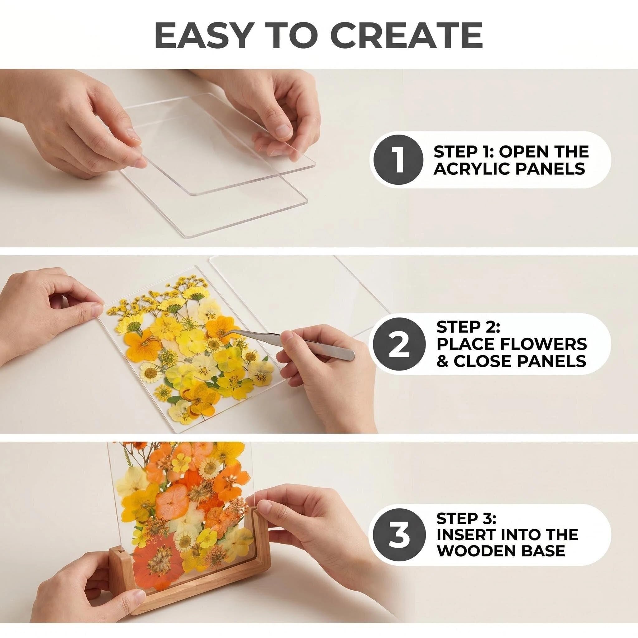 Kit de loisirs créatifs de fleurs séchées pressées, 180 feuilles de fleurs séchées à faire soi-même avec cadre en bois acrylique de 15,2 x 20,3 cm, 20 marque-pages pour art en résine, fabrication de
