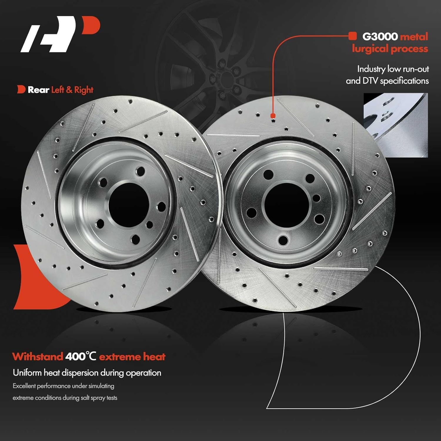 A-Premium 13.58 inch (345 mm) Rear Drilled and Slotted Disc Brake Rotors + Ceramic Pads Kit Compatible with Select BMW Models - 535i, 550i, 550i xDrive, 640i xDrive, 650i Gran Coupe, 6-PC Set