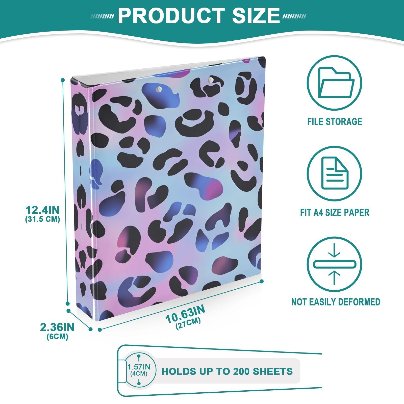 Confezione da 2 raccoglitori a 3 anelli, motivo astratto leopardato, 3,8 cm, con 3 tasche trasparenti, portablocco e contiene 200 fogli, per ufficio, scuola, organizzazione domestica