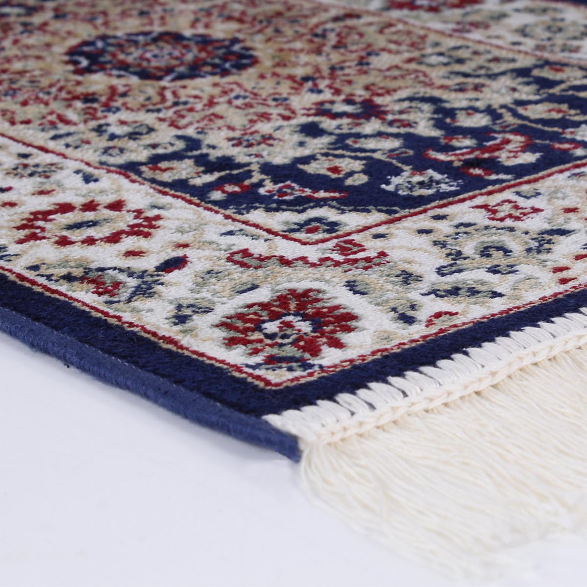Tapis oriental perse classique SaRani avec frange dorée décor bleu bordeaux vert (140 x 200 cm, Bleu)