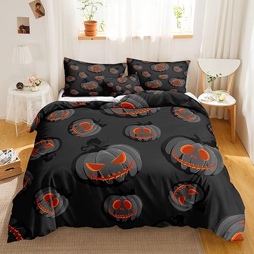 Miniatura 211 de Pumpkin Bedding Halloween Duvet Cover Set Funny Evil Pumpkin Pattern Design Black Halloween Bedding Set Queen 1 Duvet Cover 2 Pillowcases