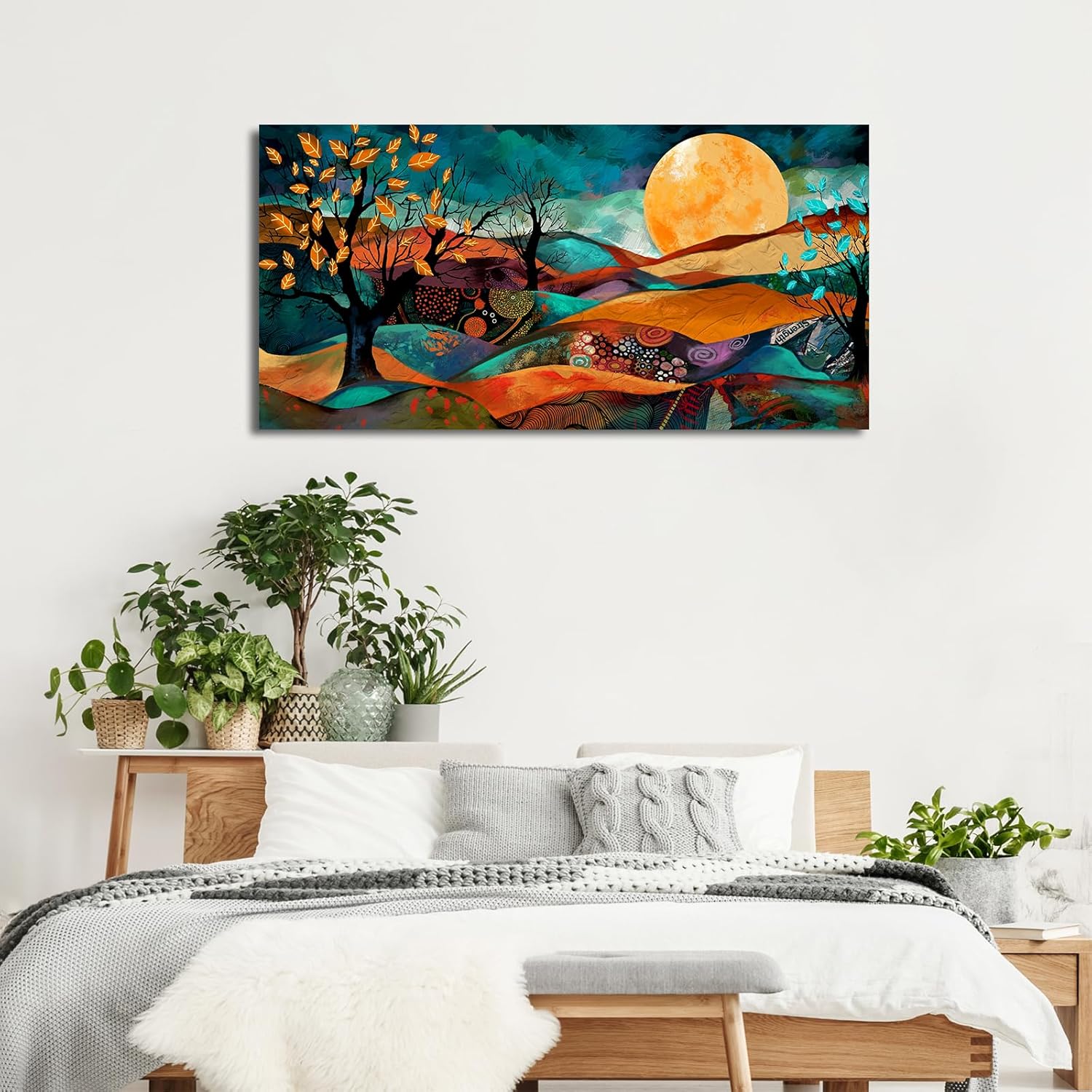VEAEE Abstract Mountain Wall Art,Mid-Century Modern Canvas Prints,Boho Wall Decor,Moon Nature Artwork Watercolor Landscape Painting for Bathroom Bedroom Living Room Home Decor Framed 20"x40"