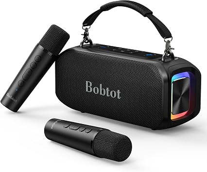 Bobtot Portable Bluetooth Speaker with Wireless Microphone, 40W Peak Outdoor Speaker IPX5 Waterproof Speaker with Handle Stereo Loud Sound, 8000mAh Battery, Home & Outdoor Party with 2 Mics