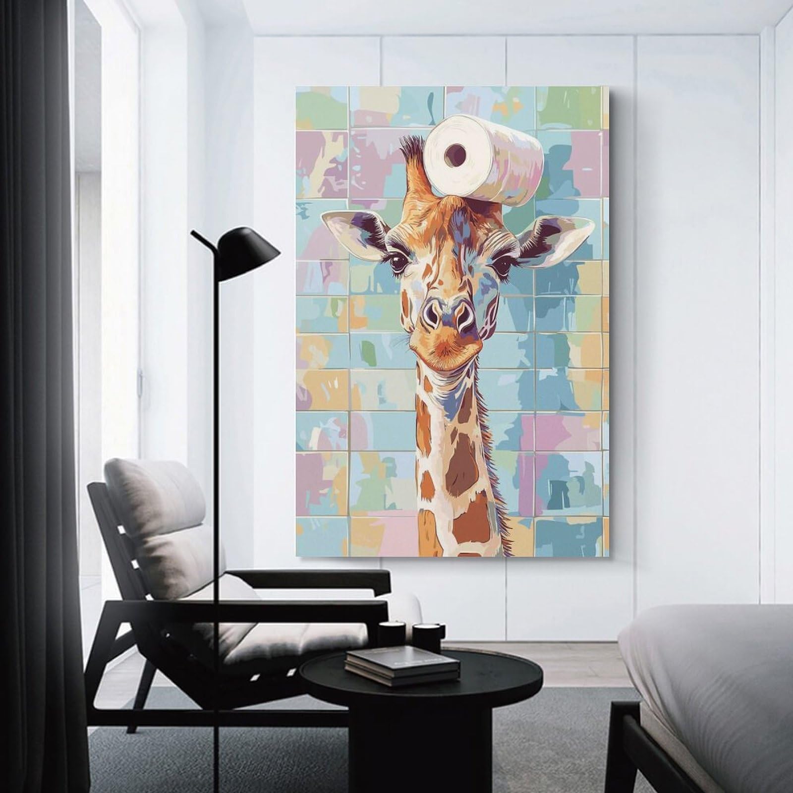 Junmoney Canvas Wall Art Giraffe with Toilet Paper on Head, 16x24inch(40x60cm), for New Homes, Bedrooms Or Workspaces, Canvas Artwork with Gifting Potential