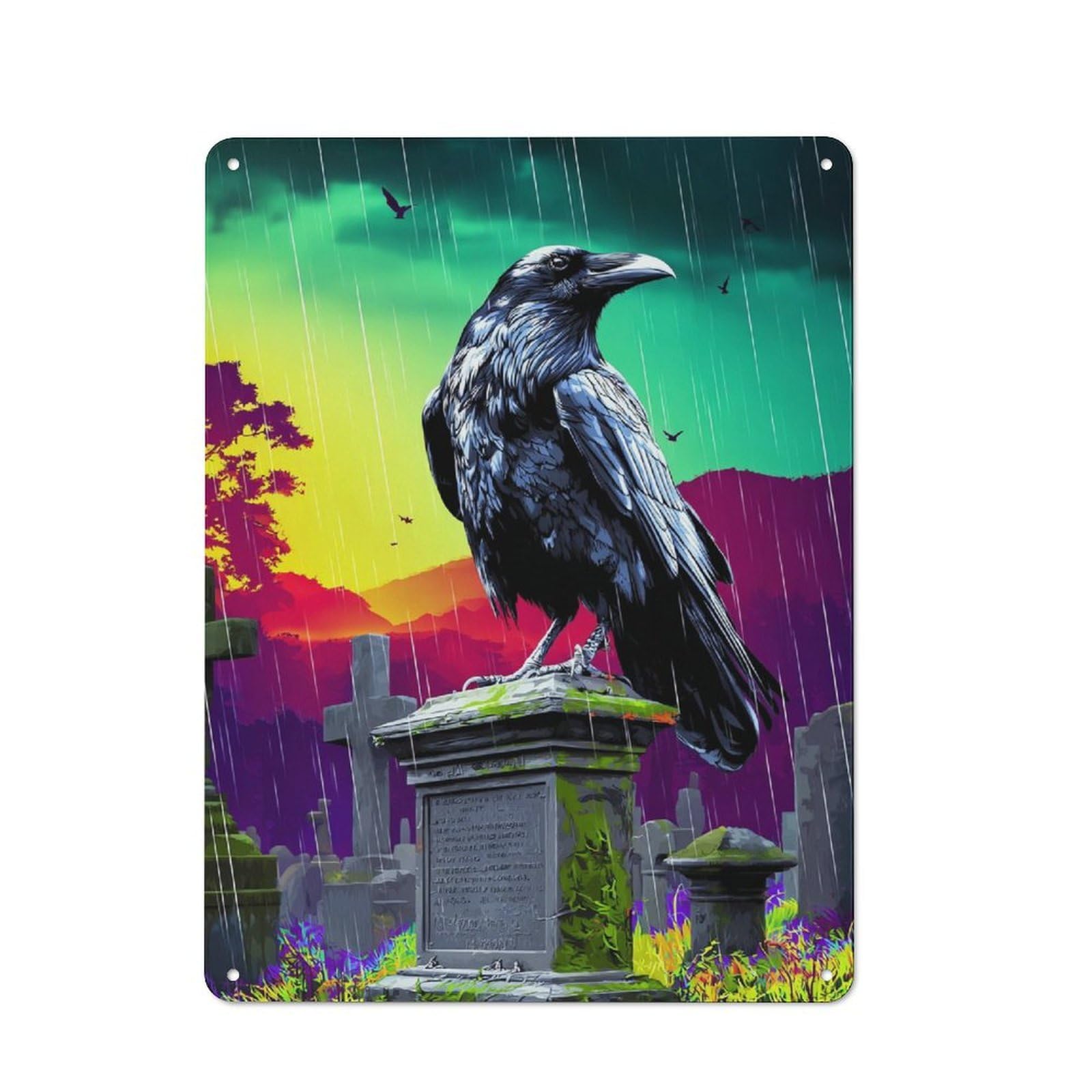 Junmoney Rainbow Raven Cemetery Scene Understated Decorative Metal Sign 40X30cm Featuring Study Room Decor For Workspace, Cafe, Shop Or Desk Area