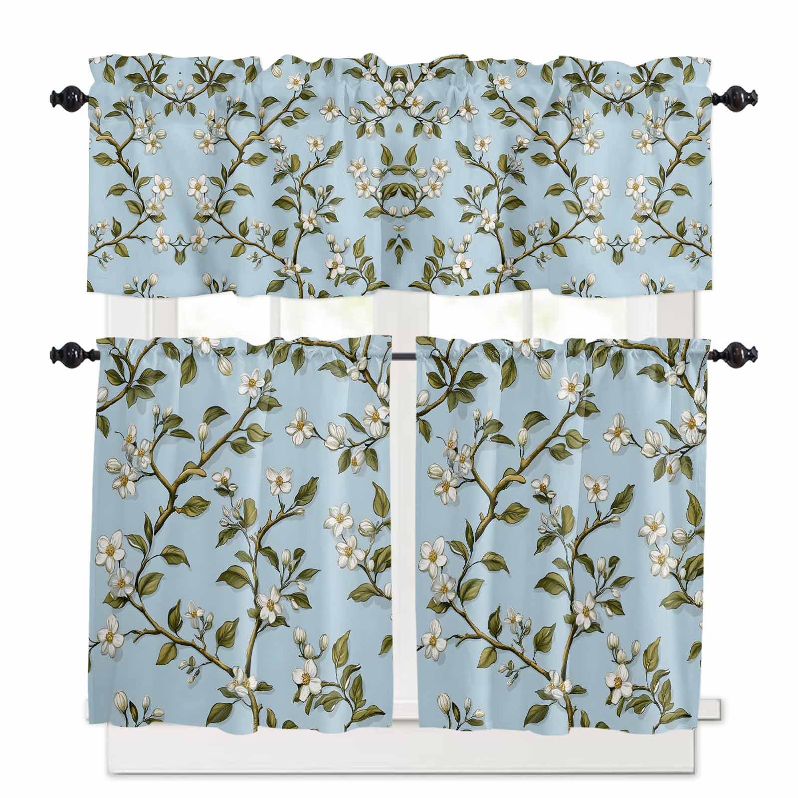 Watercolor Flower Kitchen Curtains 24 Inch Length,3 Piece Rod Pocket Small Half Tiers and Valance Set,Blooms Wildflower Garden Motifs Floral Small Large Window Treatment Decor for Bedroom/Bathroom