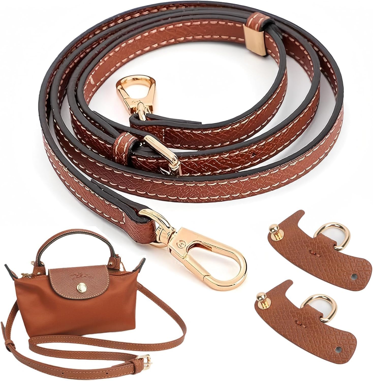 Bag Strap, Adjustable Shoulder Strap for Hand Purse and Sling Bags, Leather Straps with Golden Buckles, 1.2 cm Wide, Design Suit for LongChamp Mini Bag Strap(Brown)-image-18