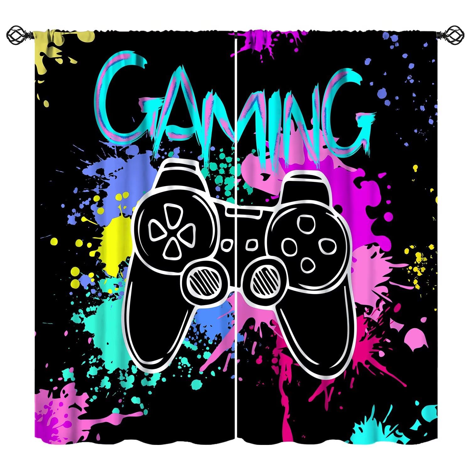 YSWOW Gaming Curtains for Kids Boys Teens Bedroom, Colorful Graffiti Game Controller Gamer Window Drapes for for Nursery Living Room Playroom Decor Fabric 2 Panels 42x45 Inch 30% Shading Rate