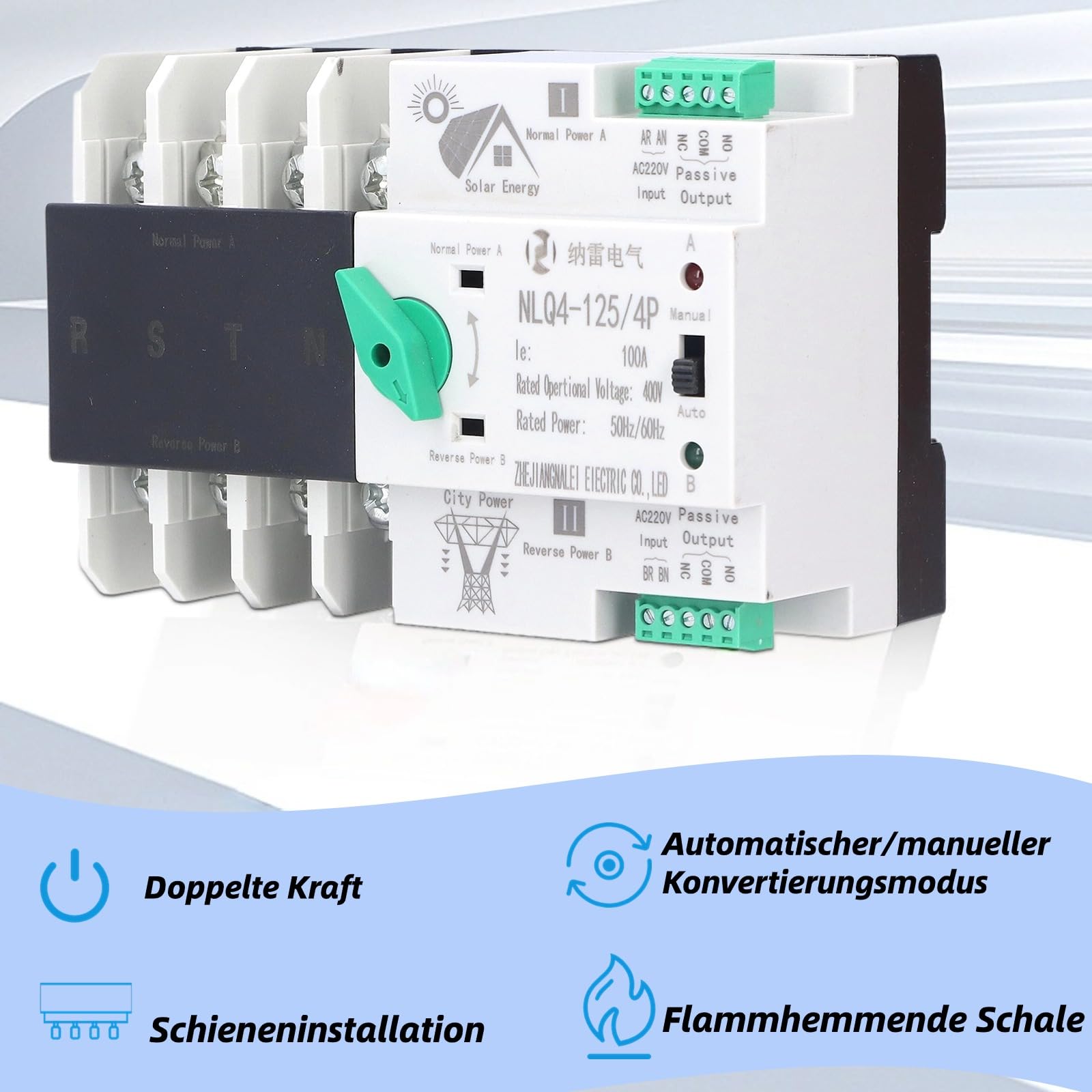 Notstrom Umschalter, 4P Automatischer Umschalter Notstrom Hutschiene, Dual Power Automatischer Transferschalter, 2 Wege übertragung, Für Kommunaler Strom, USV, Solar (NLQ4-125/4P 100A 220V) (Weiß)