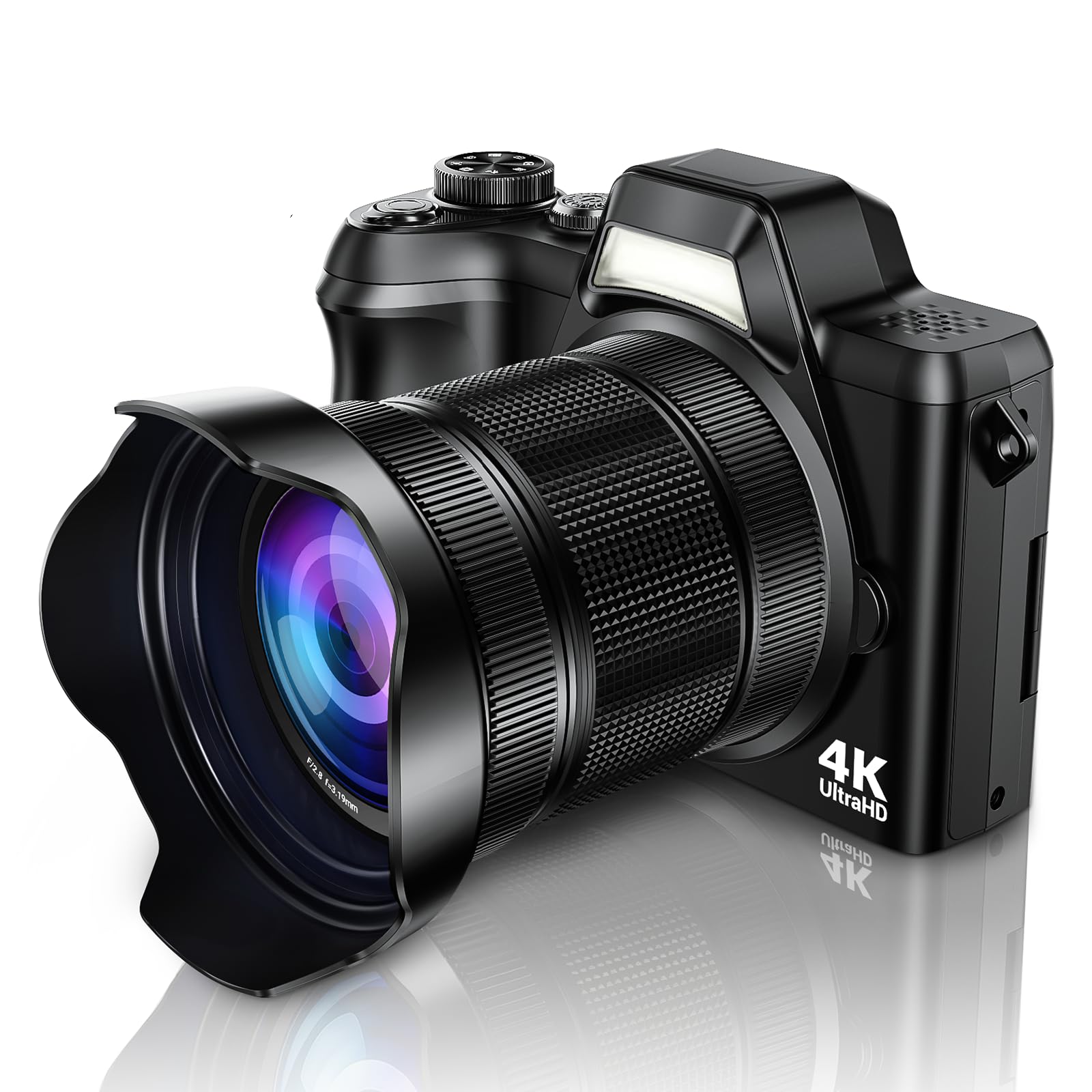 Krlun 4K Digital Camera for Photography, 56MP Autofocus Vlogging Camera for YouTube Travel, 3" 180°Flip Screen & Lens Hood 16X Zoom, 32GB SD Card for Teens & Beginners Lamp Black