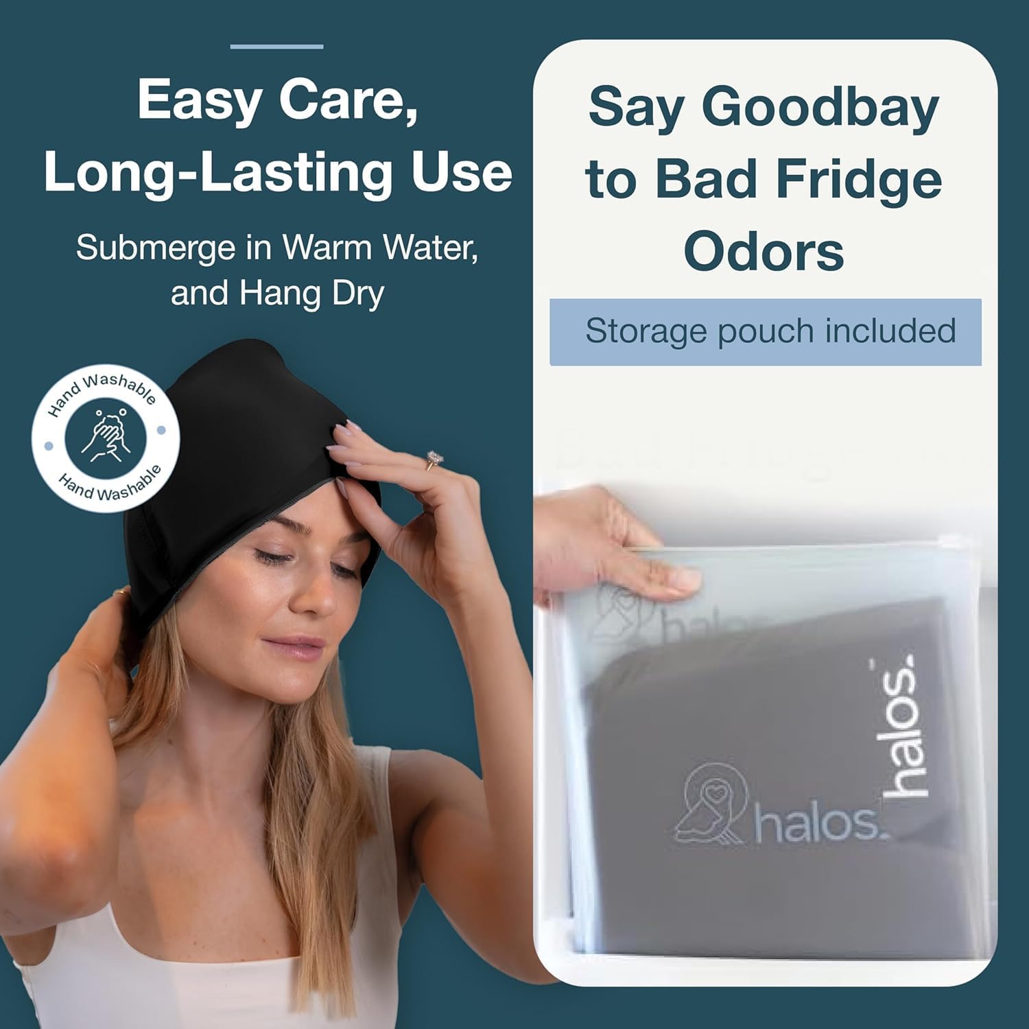 MyHalos® Migraine Relief Cap, 30% Thicker, 2X More Cooling Gel, Stays Colder for Longer, Form Fitting Ice Hat, Ice Pack Head Wrap Relief, Tension Headache Relief Cap (Black - Pack of 2)