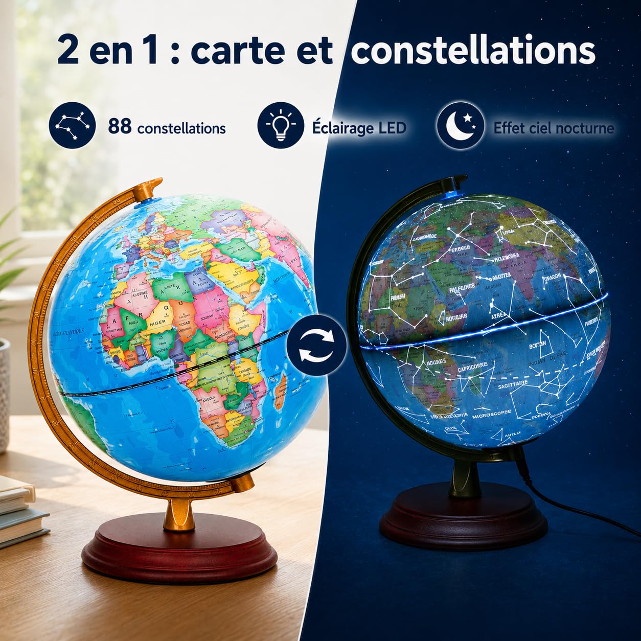 EXERZ Globe Lumineux 20 cm Français Carte & Constellations LED | Carte française, support bois, ciel étoilé LED et câble USB inclus pour bureau, maison ou cadeau éducatif.