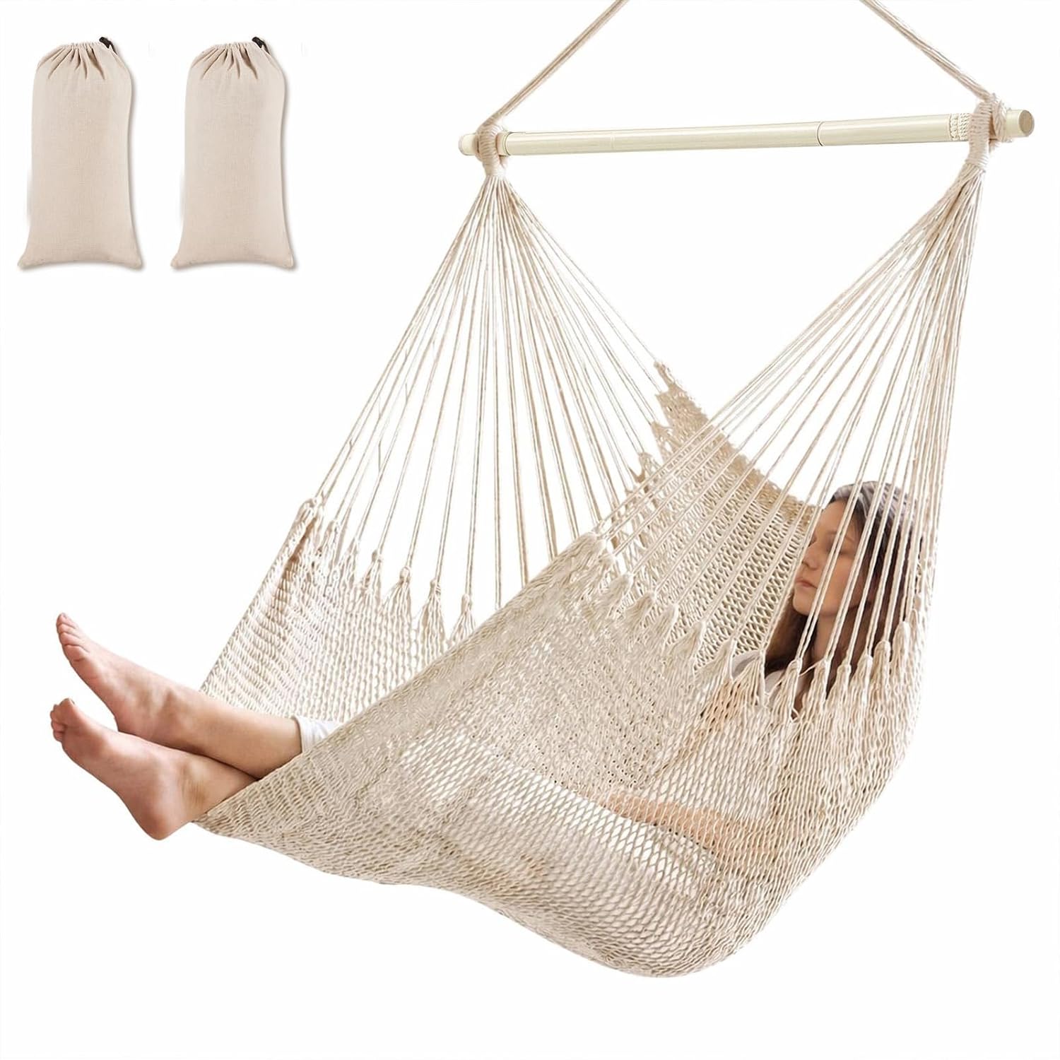 Barydat 2 Pcs Hanging Hammock Chair Boho Swing Chair Outdoor Indoor Comfy Soft Cotton Rope Weaving with 40 Inch Detachable Metal Bars for Backyard Living Room Garden, 270lb Capacity(Brown)