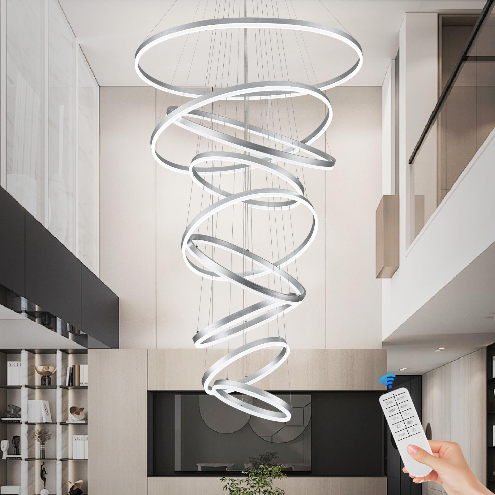 large chandeliers for high ceilings, d39.4’’ foyer chandeliers entryway high ceiling chandelier modern 9 ring silver led ring chandelier light fixture for living room entrance staircase
