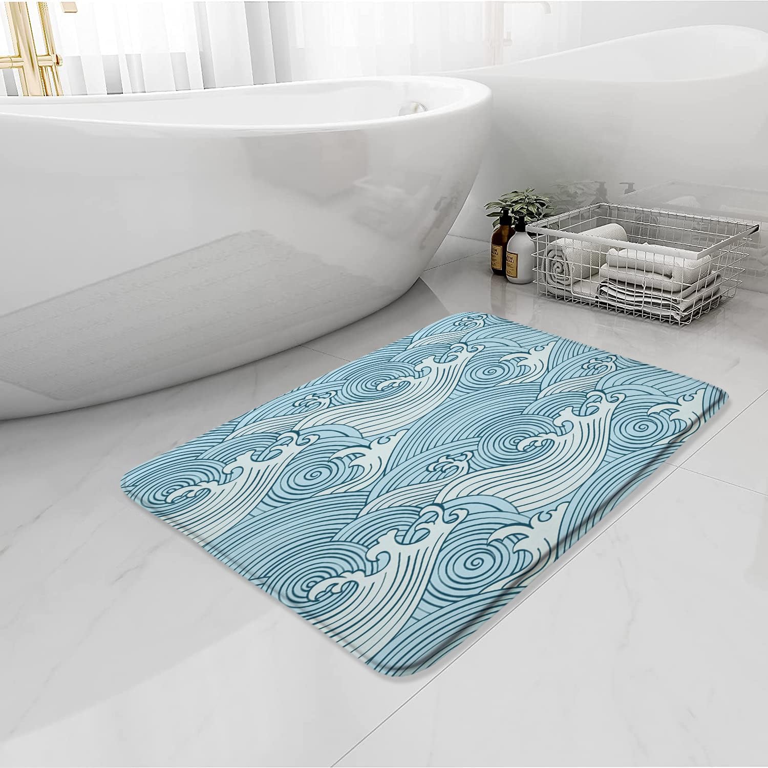 BNYARH Wave Bath Mat Blue Ocean Japanese Waves Asian Decor Abstract Art Rustic Sea Bathroom Rug Microfiber Memory Foam Home Decor Rugs 16X47.5 Inch